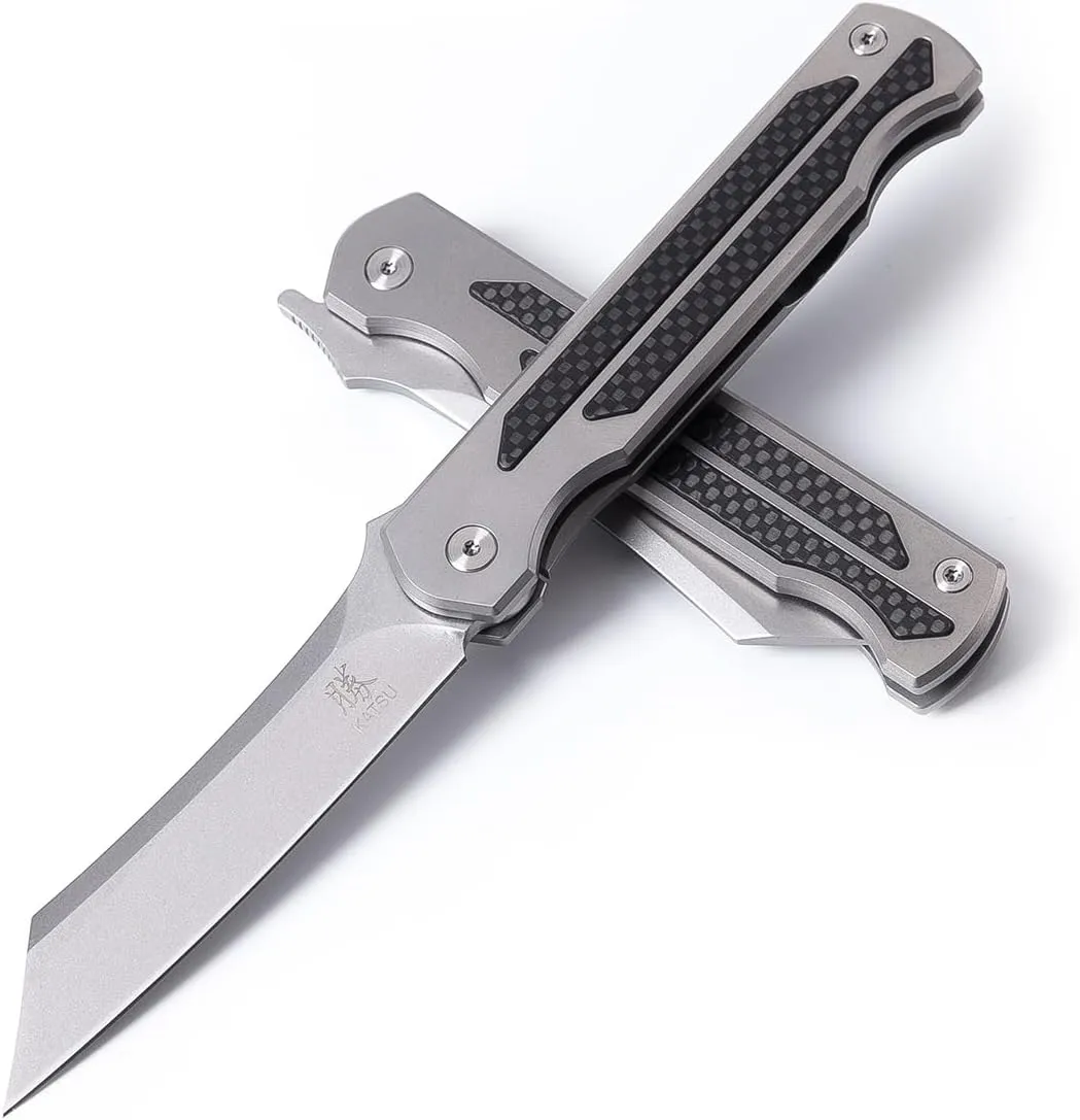 KATSU Camping Pocket Folding Japanese Knife, Titanium & Carbon Fiber Handle, Frame Lock, Stonewashed Cleaver Razor Blade with CPM S35VN Steel, Leather Sheath