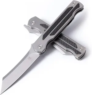 KATSU Camping Pocket Folding Japanese Knife, Titanium & Carbon Fiber Handle, Frame Lock, Stonewashed Cleaver Razor Blade with CPM S35VN Steel, Leather Sheath