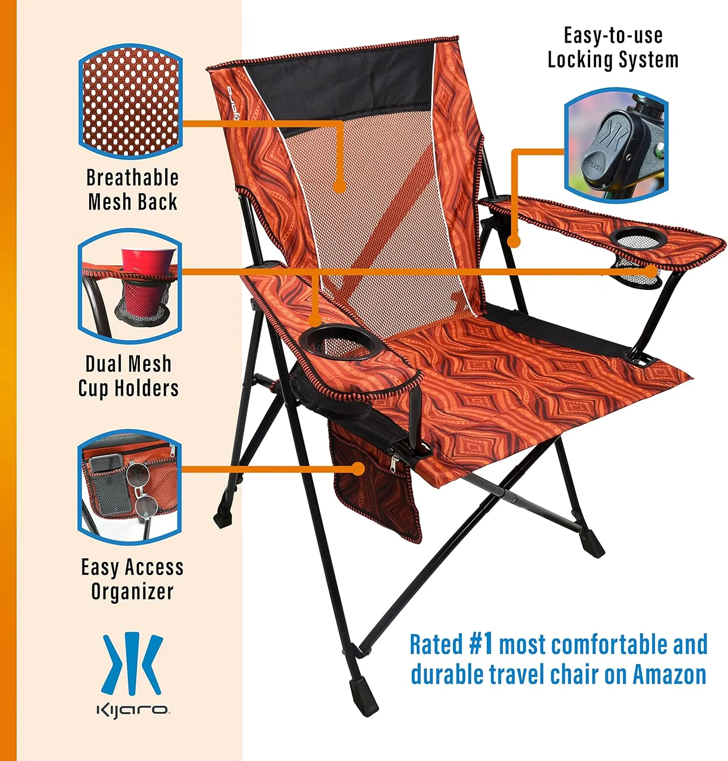 Kijaro Enjoy Versatile Folding Sports, Outdoor Chair & Lawn Chair, Dual Lock Feature, Destination Print - Victoria Desert Orange