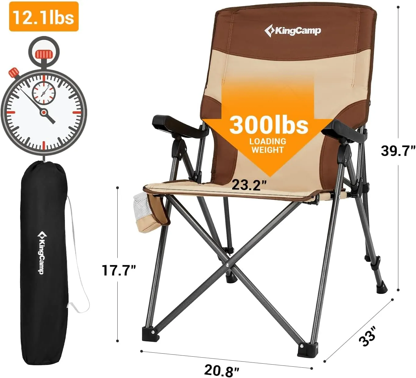 KingCamp Camping Chairs Adjustble Backrest, Heavy Duty Folding Chair, Reclining Camping Chair, Outdoor Lawn Chair, High Back Padded Camp Chair for Adults(Khaki/Coffee)