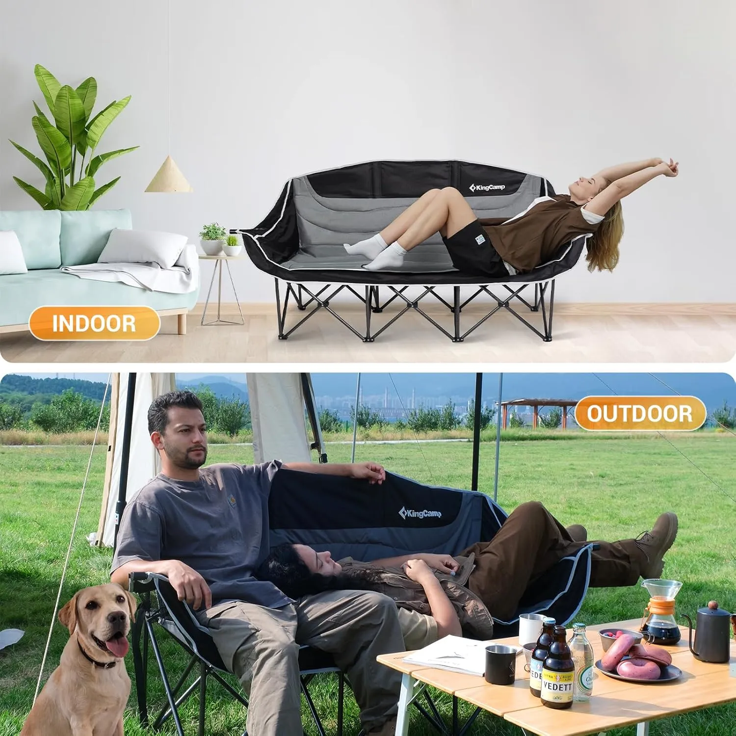 KingCamp Double Camping Chair, Oversized Heavy Duty Loveseat for Adults Portable Folding XL 2 Person Couch Padded Comfortable Two Seat with Cup Holder for Outdoor Lawn Backyard