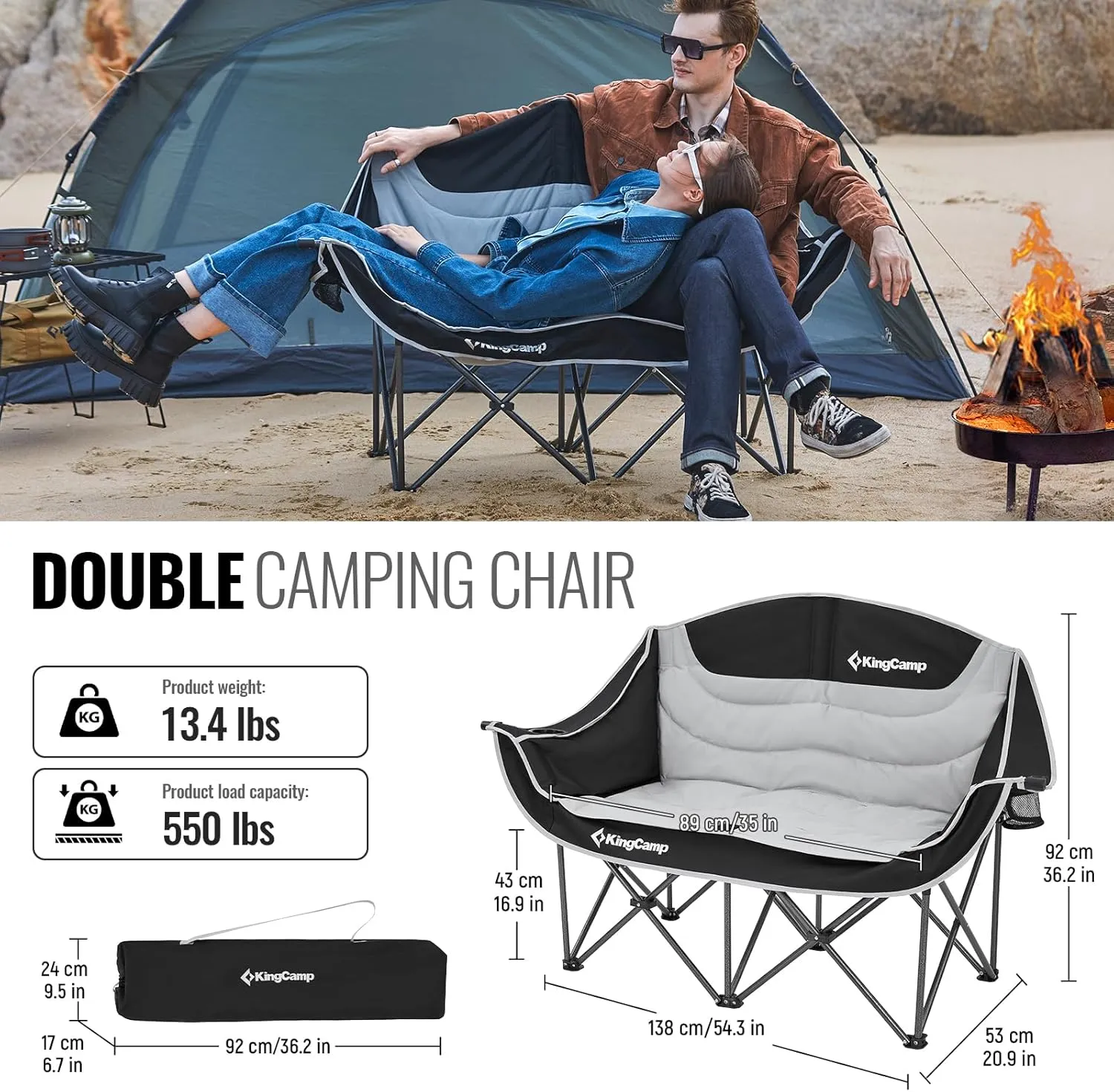 KingCamp Double Camping Chair, Oversized Heavy Duty Loveseat for Adults Portable Folding XL 2 Person Couch Padded Comfortable Two Seat with Cup Holder for Outdoor Lawn Backyard