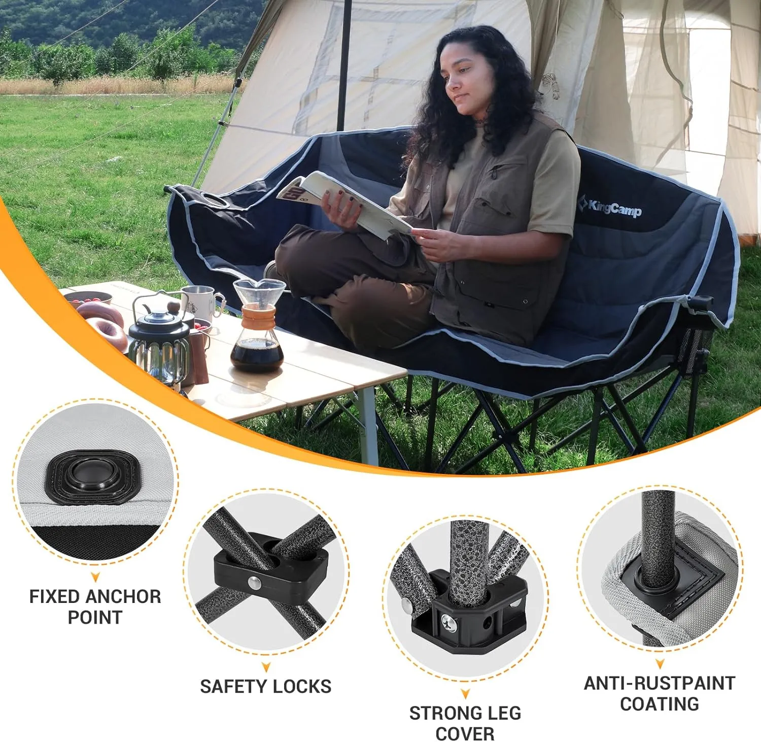 KingCamp Double Camping Chair, Oversized Heavy Duty Loveseat for Adults Portable Folding XL 2 Person Couch Padded Comfortable Two Seat with Cup Holder for Outdoor Lawn Backyard