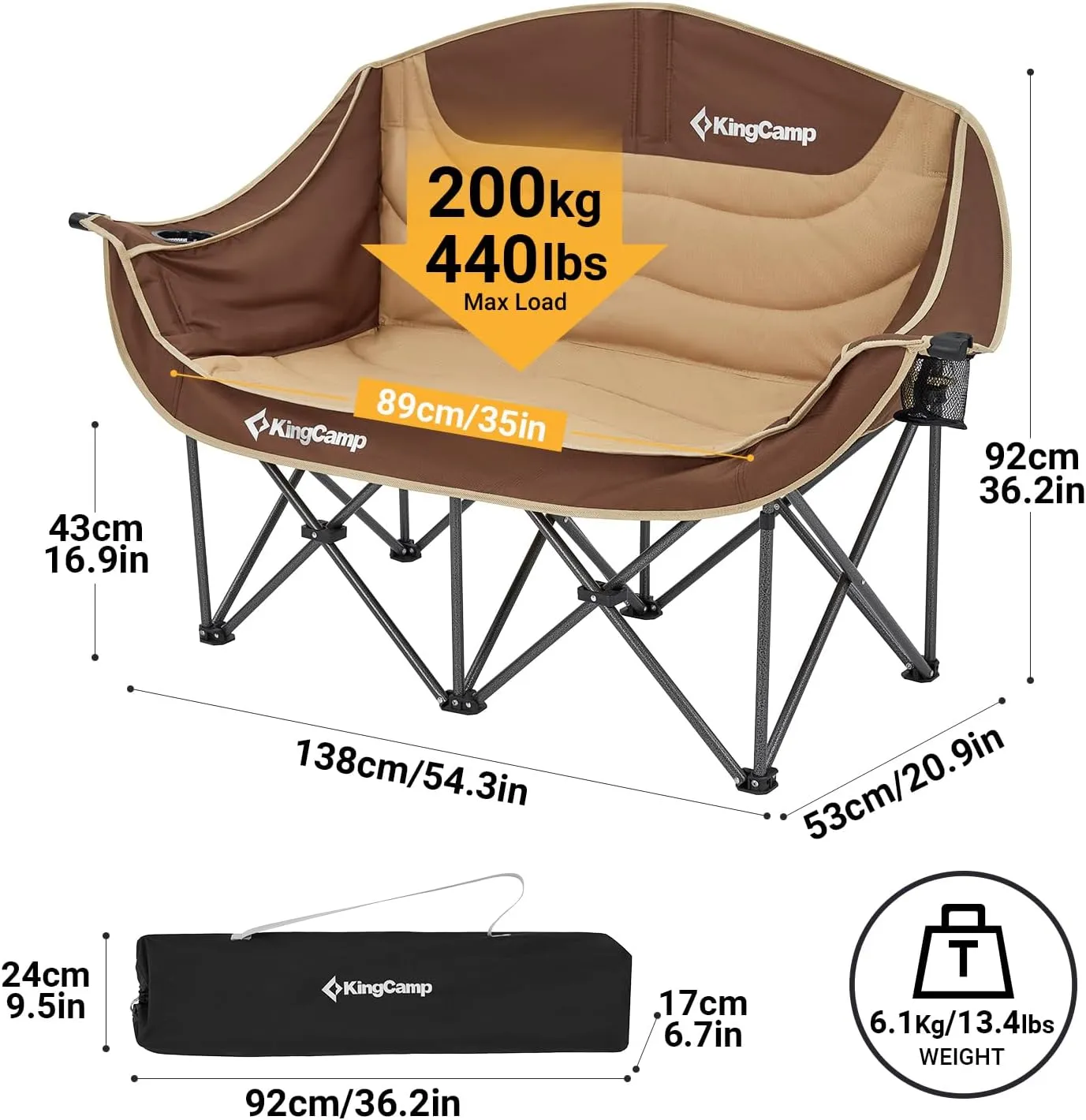 KingCamp Double Camping Chair, Oversized Heavy Duty Loveseat for Adults Portable Folding XL 2 Person Couch Padded Comfortable Two Seat with Cup Holder for Outdoor Lawn Backyard