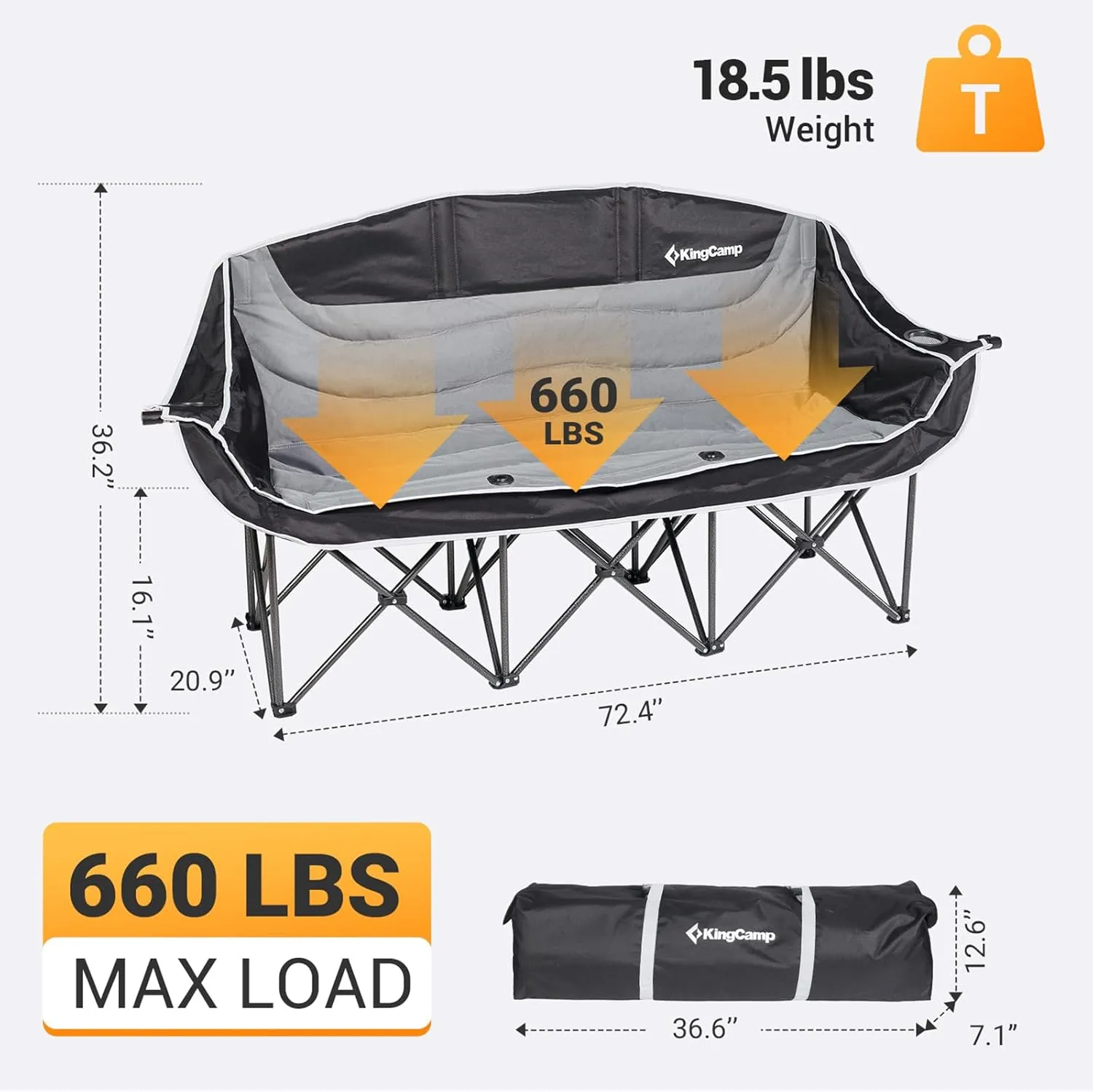 KingCamp Double Camping Chair, Oversized Heavy Duty Loveseat for Adults Portable Folding XL 2 Person Couch Padded Comfortable Two Seat with Cup Holder for Outdoor Lawn Backyard