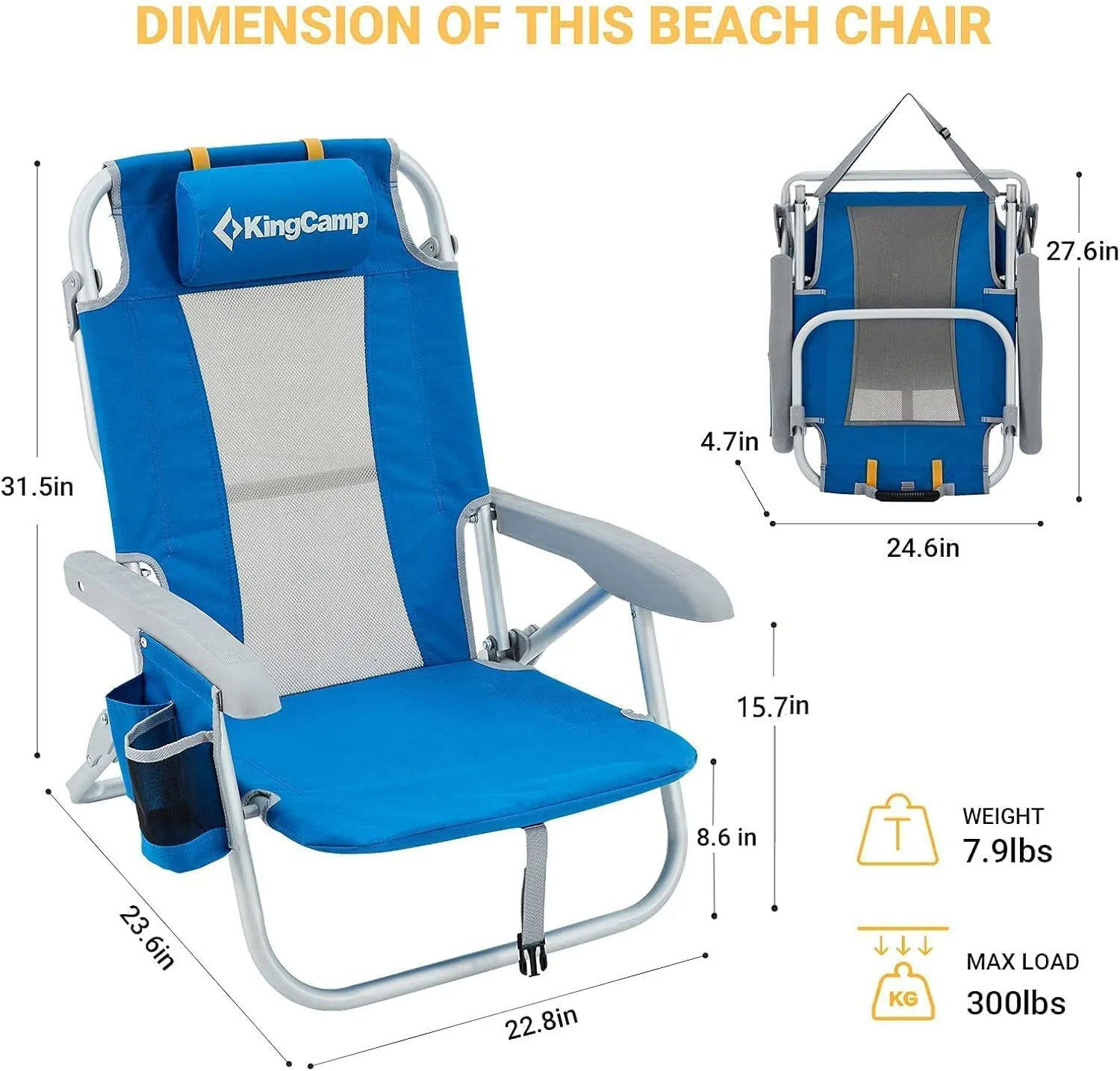 KingCamp Low Beach Chairs, Portable Folding Chair for Adults Extra Wide Ergonomic High Back Seat 300lbs Heavy Duty Lightweight Oversized Gear with Carry Bag for Outdoor Lawn Camping Picnic