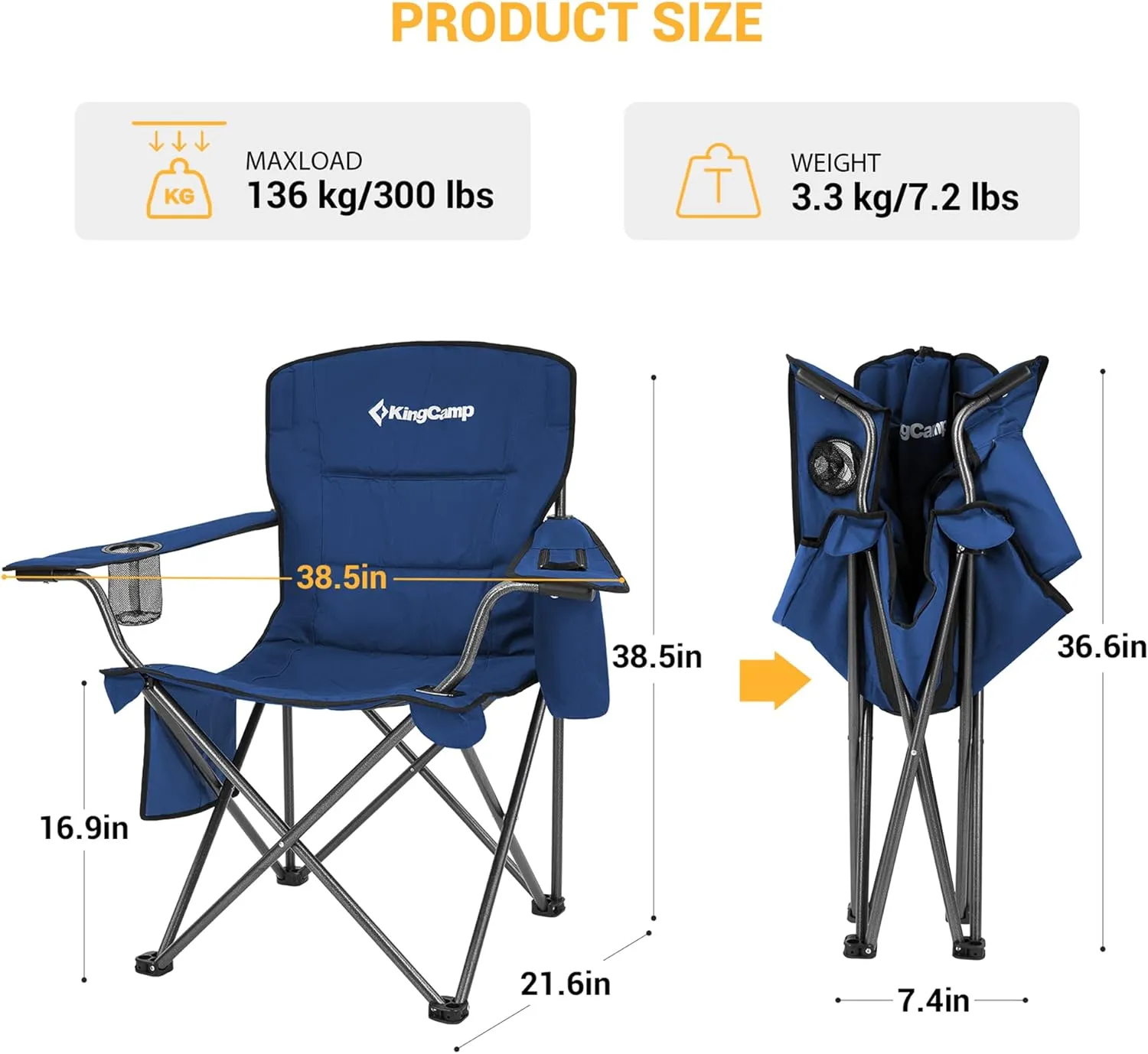 KingCamp Oversized Folding Camping Chair for Adults Portable Outdoor Lawn Heavy Duty with Cooler, Cup Holder, Side Pocket,Carry Bag, 2 Pack, Blue