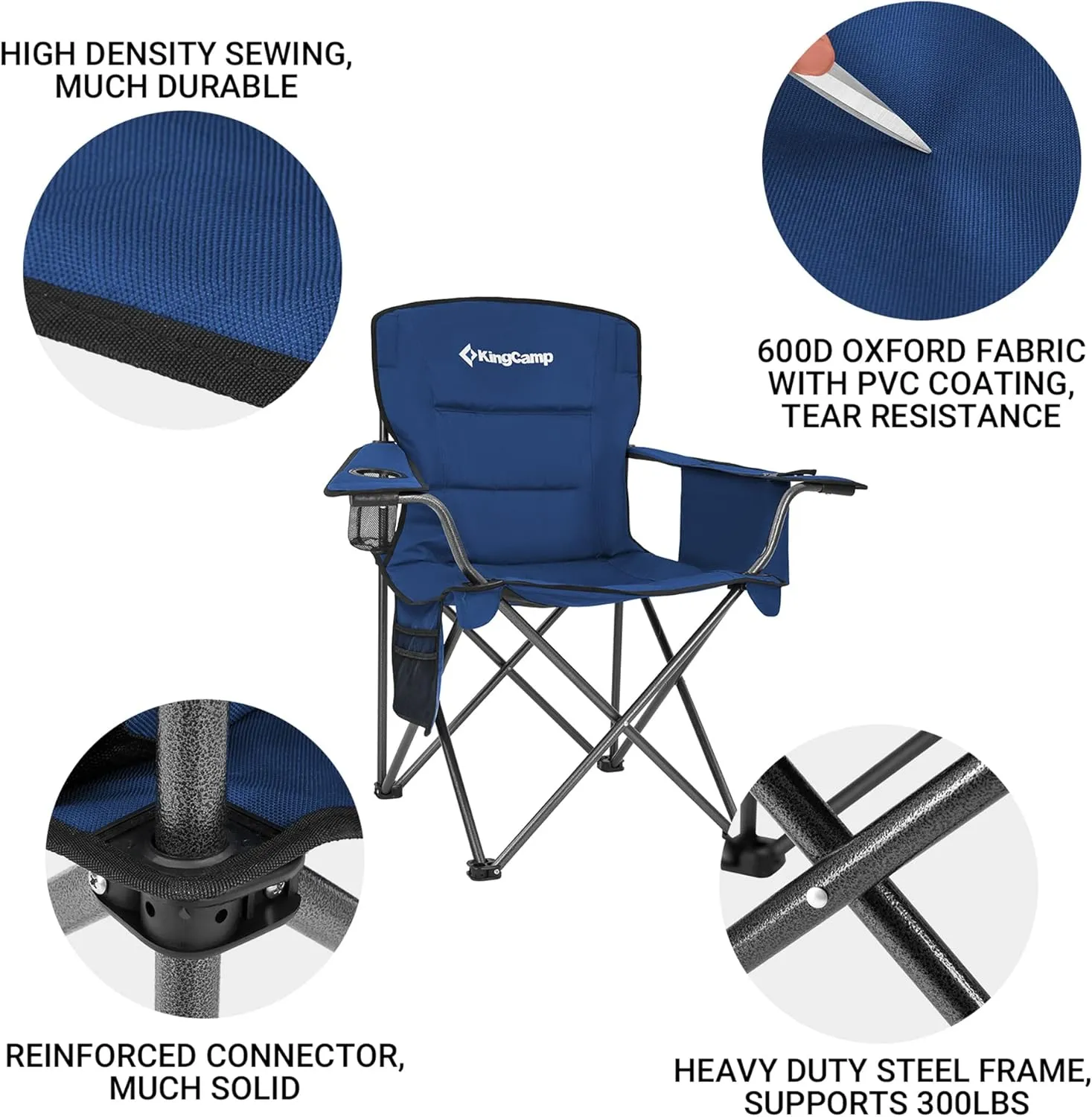 KingCamp Oversized Folding Camping Chair for Adults Portable Outdoor Lawn Heavy Duty with Cooler, Cup Holder, Side Pocket,Carry Bag, 2 Pack, Blue