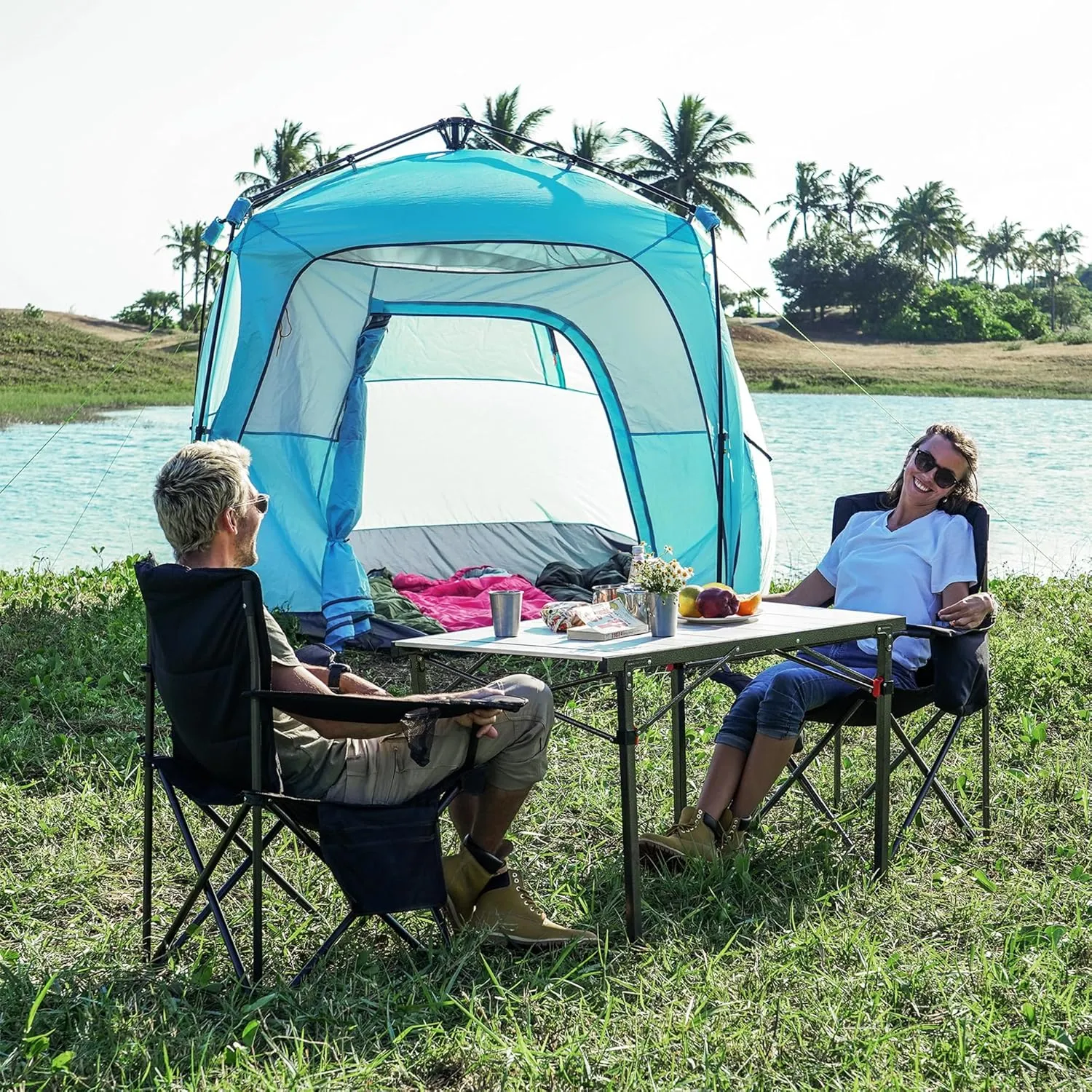 KingCamp Oversized Folding Camping Chair for Adults Portable Outdoor Lawn Heavy Duty with Cooler, Cup Holder, Side Pocket,Carry Bag, 2 Pack, Blue