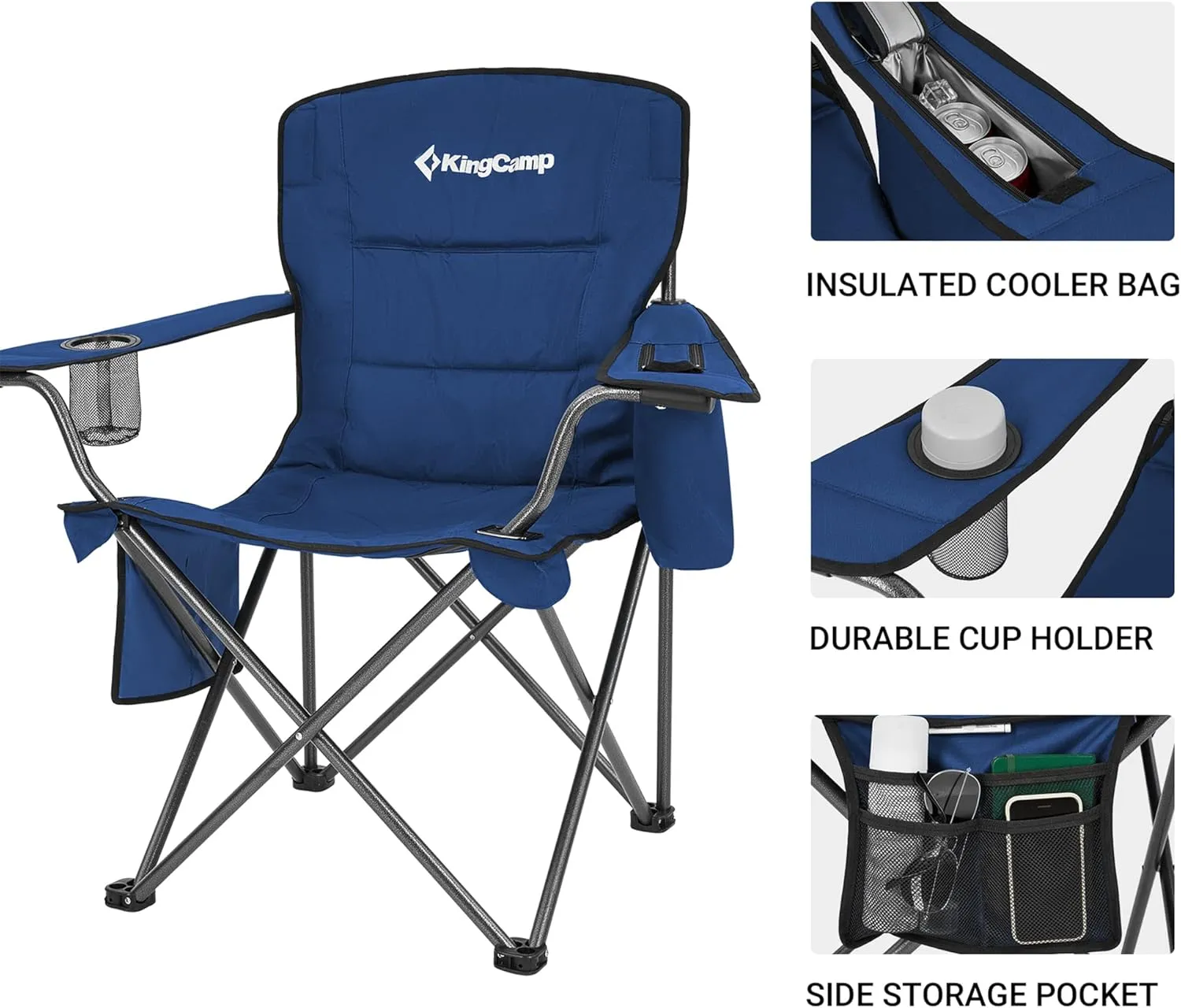 KingCamp Oversized Folding Camping Chair for Adults Portable Outdoor Lawn Heavy Duty with Cooler, Cup Holder, Side Pocket,Carry Bag, 2 Pack, Blue