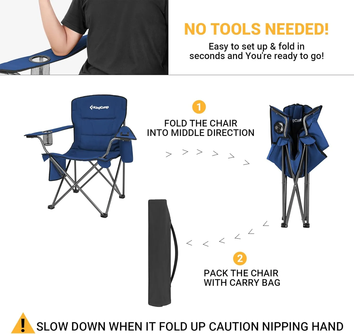 KingCamp Oversized Folding Camping Chair for Adults Portable Outdoor Lawn Heavy Duty with Cooler, Cup Holder, Side Pocket,Carry Bag, 2 Pack, Blue