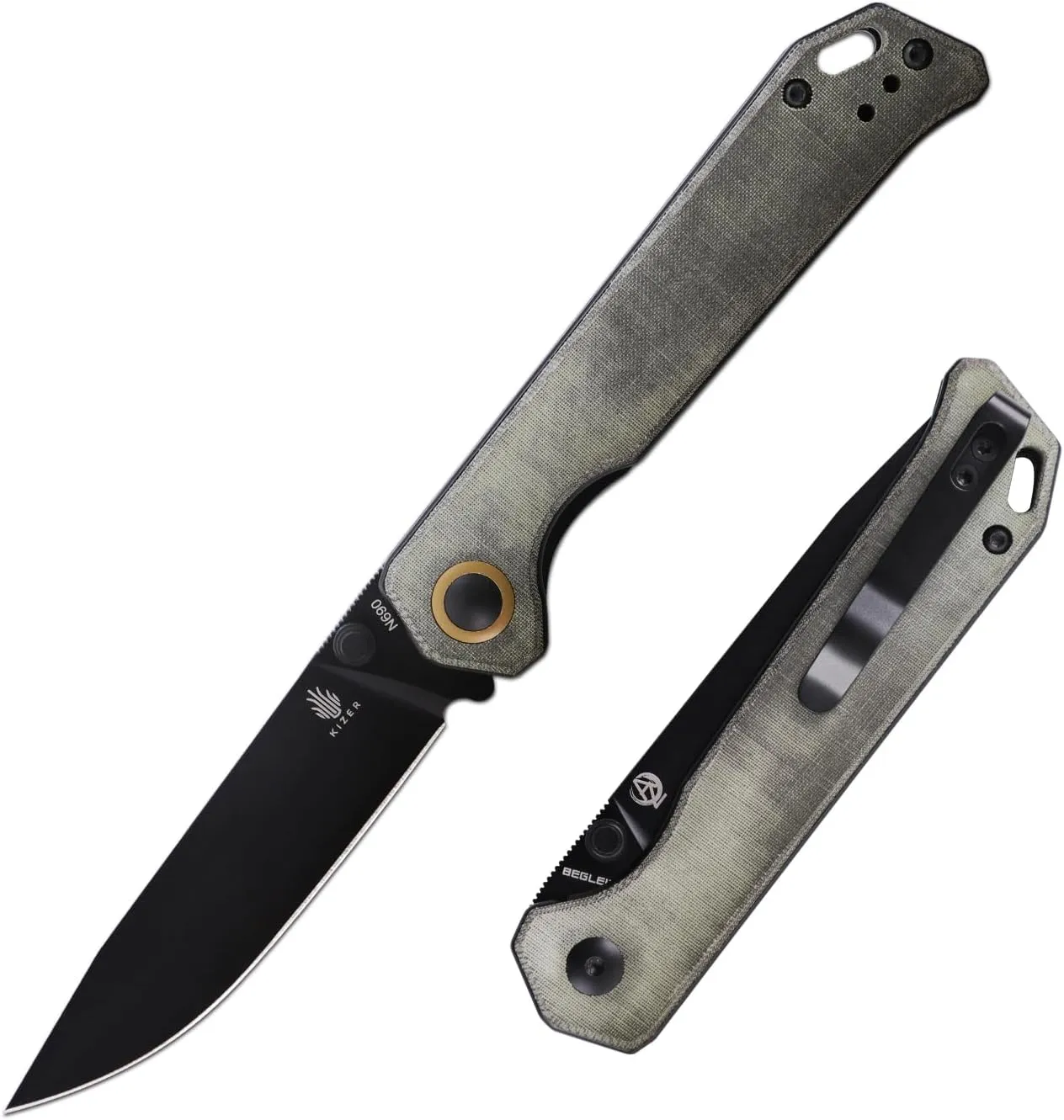 Kizer Begleiter2, Folding Pocket Knife with N690 Blade and Micarta Handle, Thumb Stud, Deep Carry Clip for Outdoor, Camping Hunting Knives EDC -V4458.2E