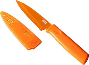 KUHN RIKON Colori Non-Stick Serrated Paring Knife with Safety Sheath, 4 inch, Orange