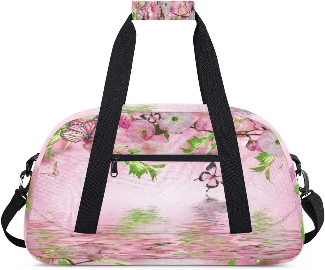 Lake Butterfly Gym Duffel Bag for Men Women Sakura Sports Tote Bag with Adjustable Shoulder Strap for Dance Gymnastics Traveling Outdoor Camping Overnight Stay
