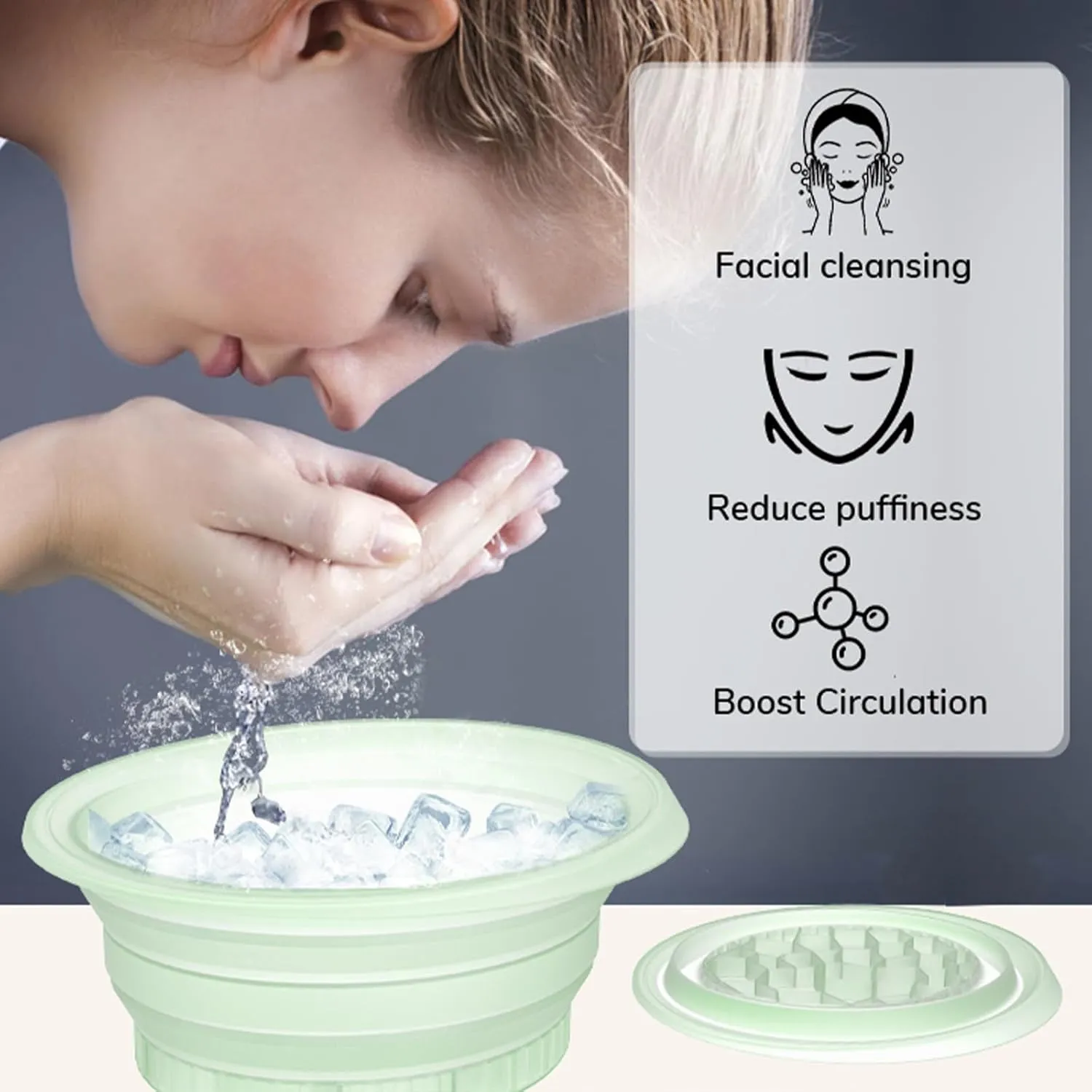 Large Silicone Bowl for Face Ice Bath with Built-In Icetray, Foldable and Hanging Design for Easy Storage and Carrying, Dipping Face Ice Bath at Home and Travel (Green)