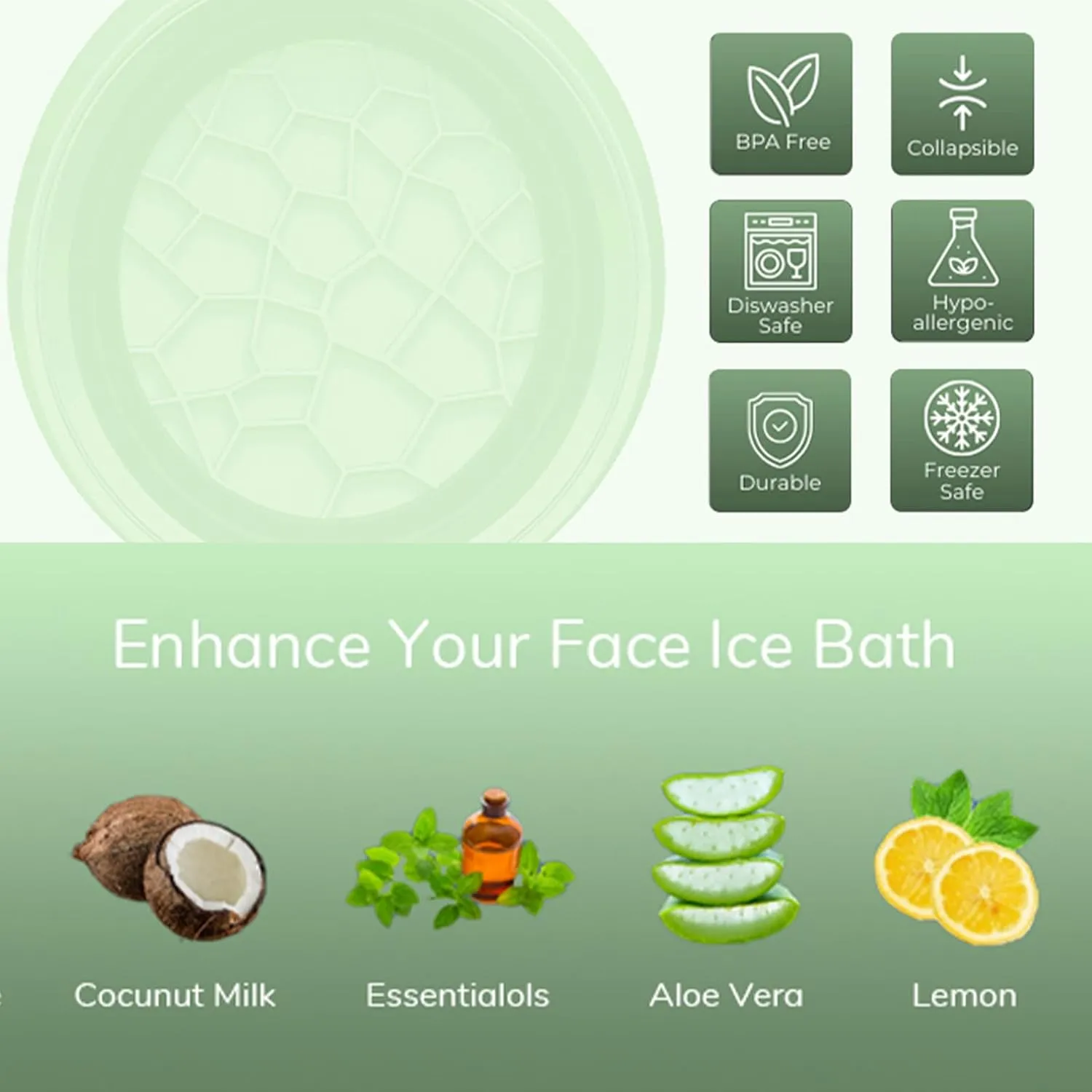 Large Silicone Bowl for Face Ice Bath with Built-In Icetray, Foldable and Hanging Design for Easy Storage and Carrying, Dipping Face Ice Bath at Home and Travel (Green)
