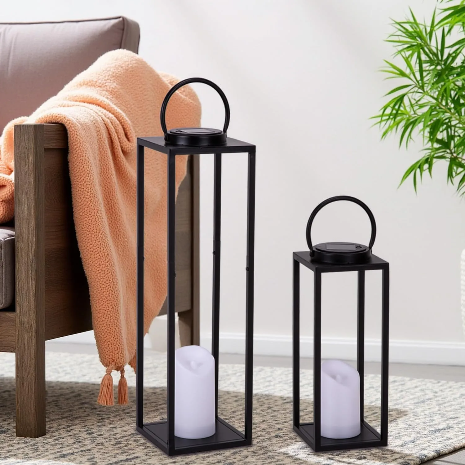 Large Solar Outdoor Lanterns, 25" 16" Tall Farmhouse Black Metal Waterproof Decorative Lanterns with Solar Candles for Front Porch, Patio, Christmas, Fall Decor- Set of 2