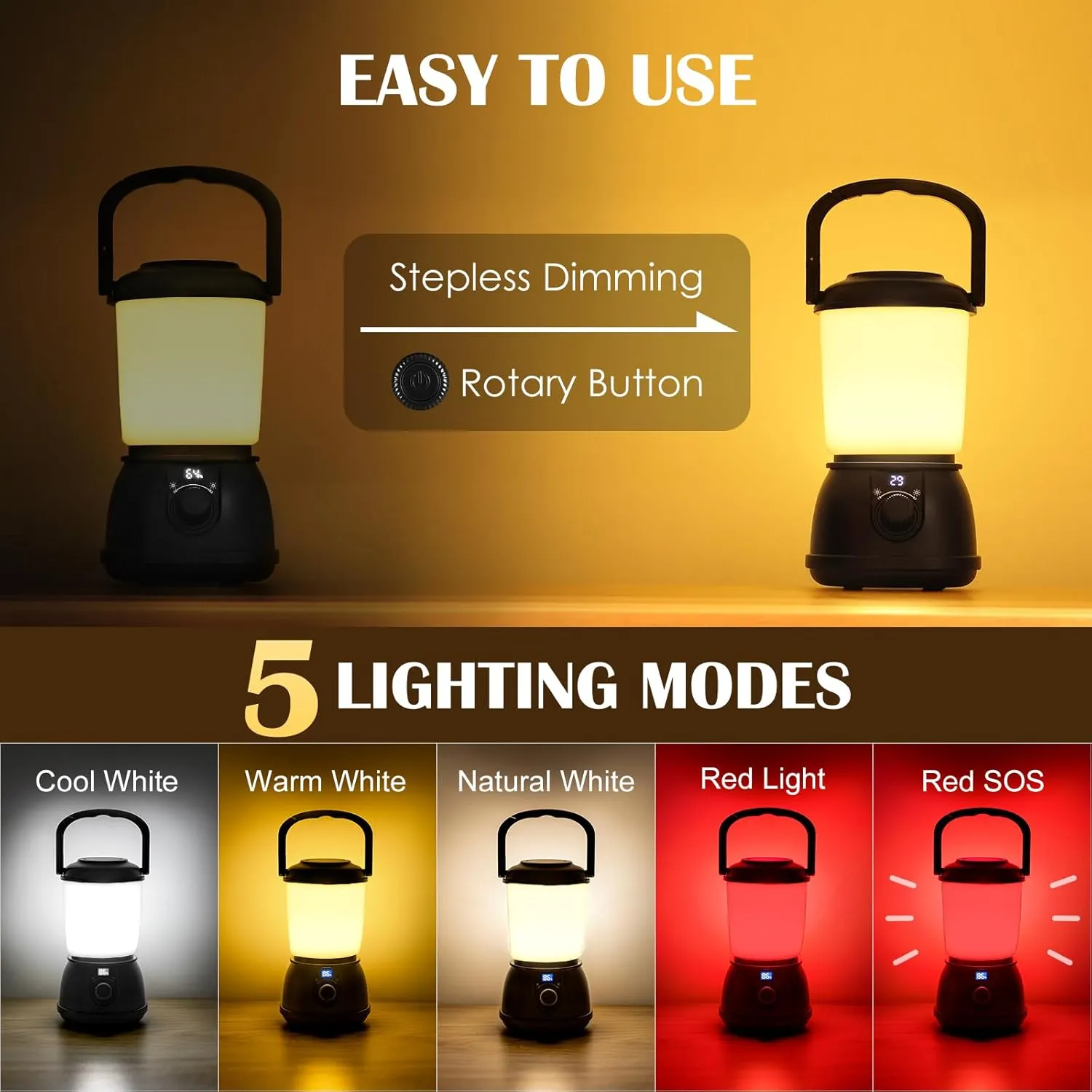 LED Camping Lantern Rechargeable, 5200mAh Camping Essential with 5 Light Modes, IPX5 Waterproof, Portable Lantern Flashlight for Power outages Hurricane, Hiking, Fish, Emergency, and Home