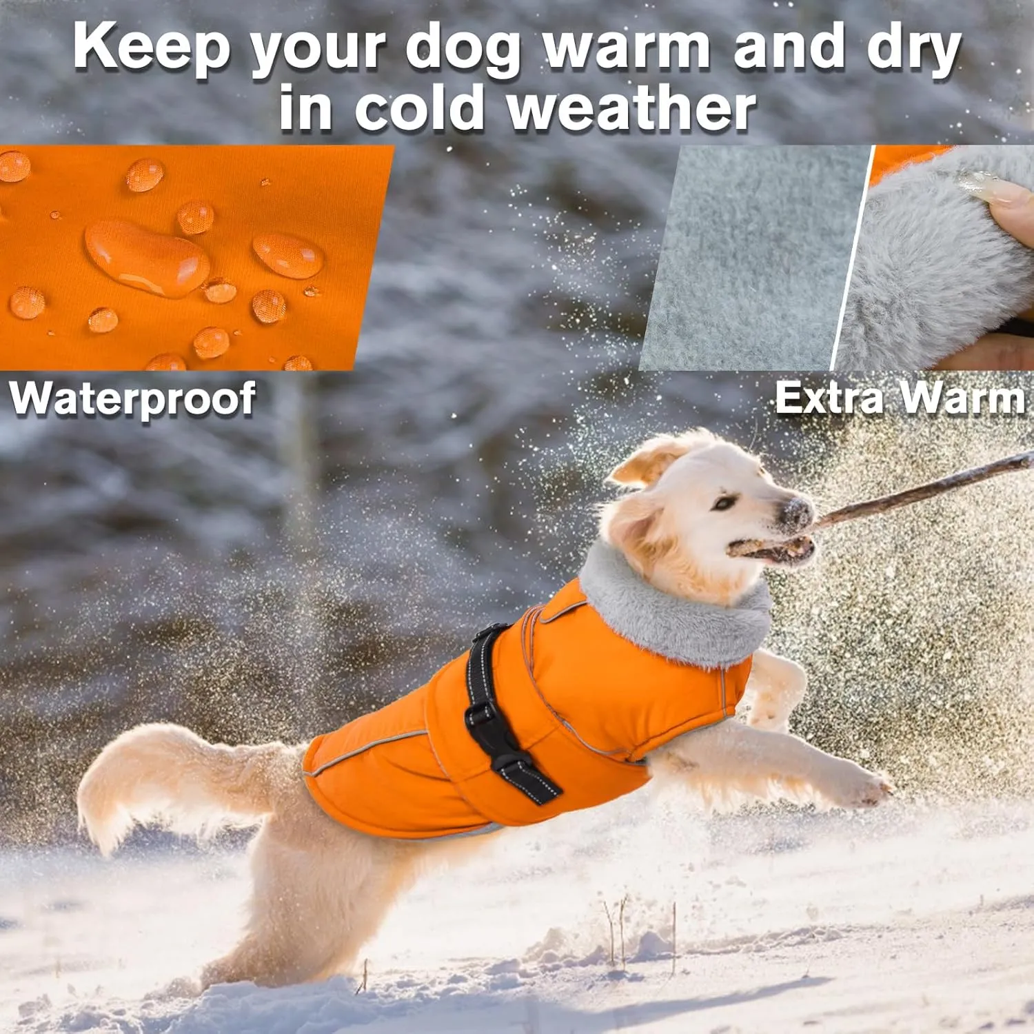 Lelepet Warm Dog Coat Reflective Fleece Vest Waterproof Dog Jacket with Adjustable Buckle Hook & Loop Windproof Cold Weather Coats for Small Medium Large Dogs, Orange, M