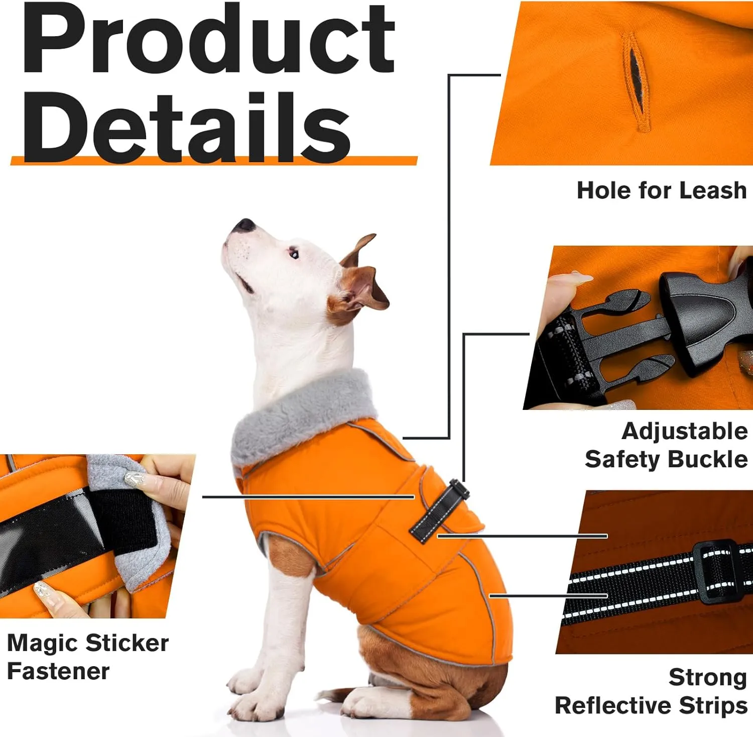 Lelepet Warm Dog Coat Reflective Fleece Vest Waterproof Dog Jacket with Adjustable Buckle Hook & Loop Windproof Cold Weather Coats for Small Medium Large Dogs, Orange, M