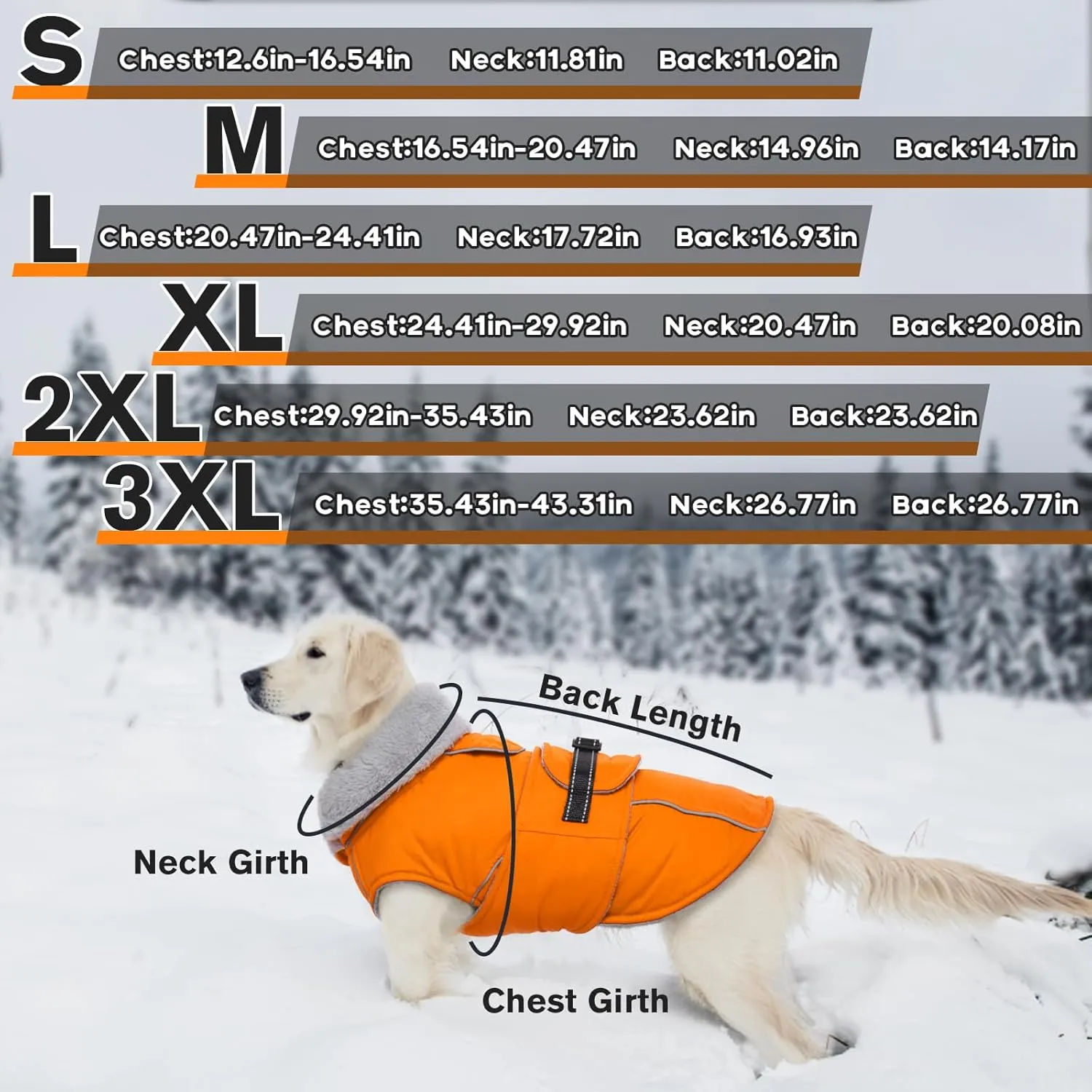 Lelepet Warm Dog Coat Reflective Fleece Vest Waterproof Dog Jacket with Adjustable Buckle Hook & Loop Windproof Cold Weather Coats for Small Medium Large Dogs, Orange, M