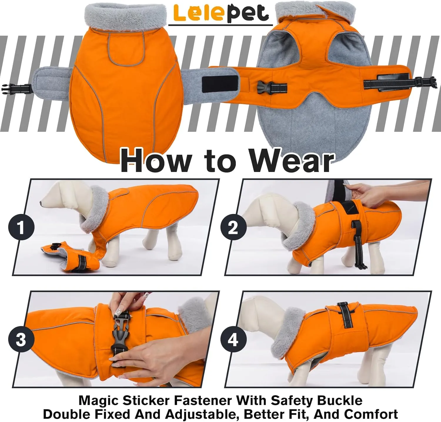 Lelepet Warm Dog Coat Reflective Fleece Vest Waterproof Dog Jacket with Adjustable Buckle Hook & Loop Windproof Cold Weather Coats for Small Medium Large Dogs, Orange, M