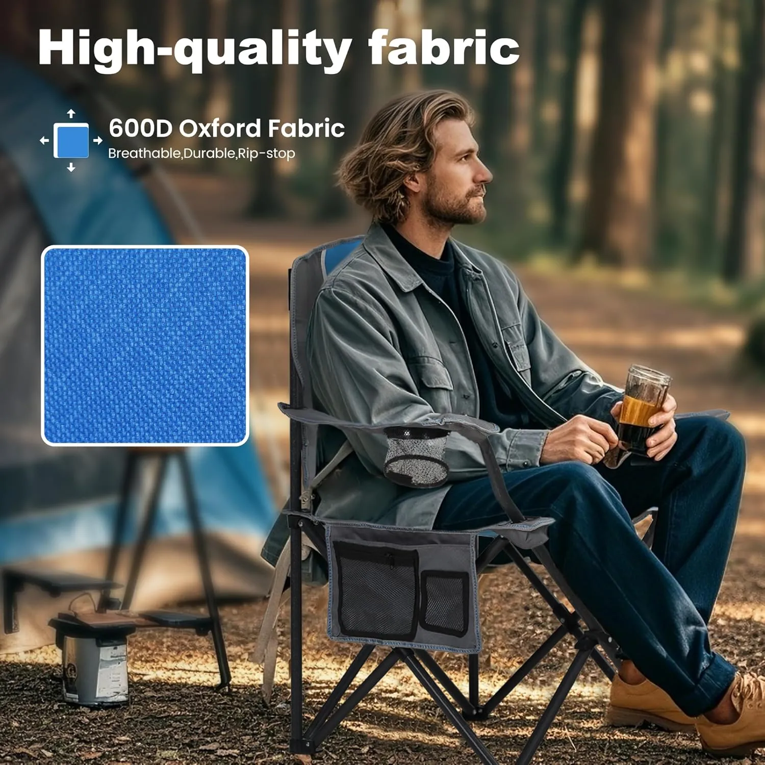 LET'S CAMP Oversized Outdoor Folding Camping Chair, Heavy Duty Arm Chair with Cup Holder and Storage Bag, 350 LBS Weight Capacity, Blue