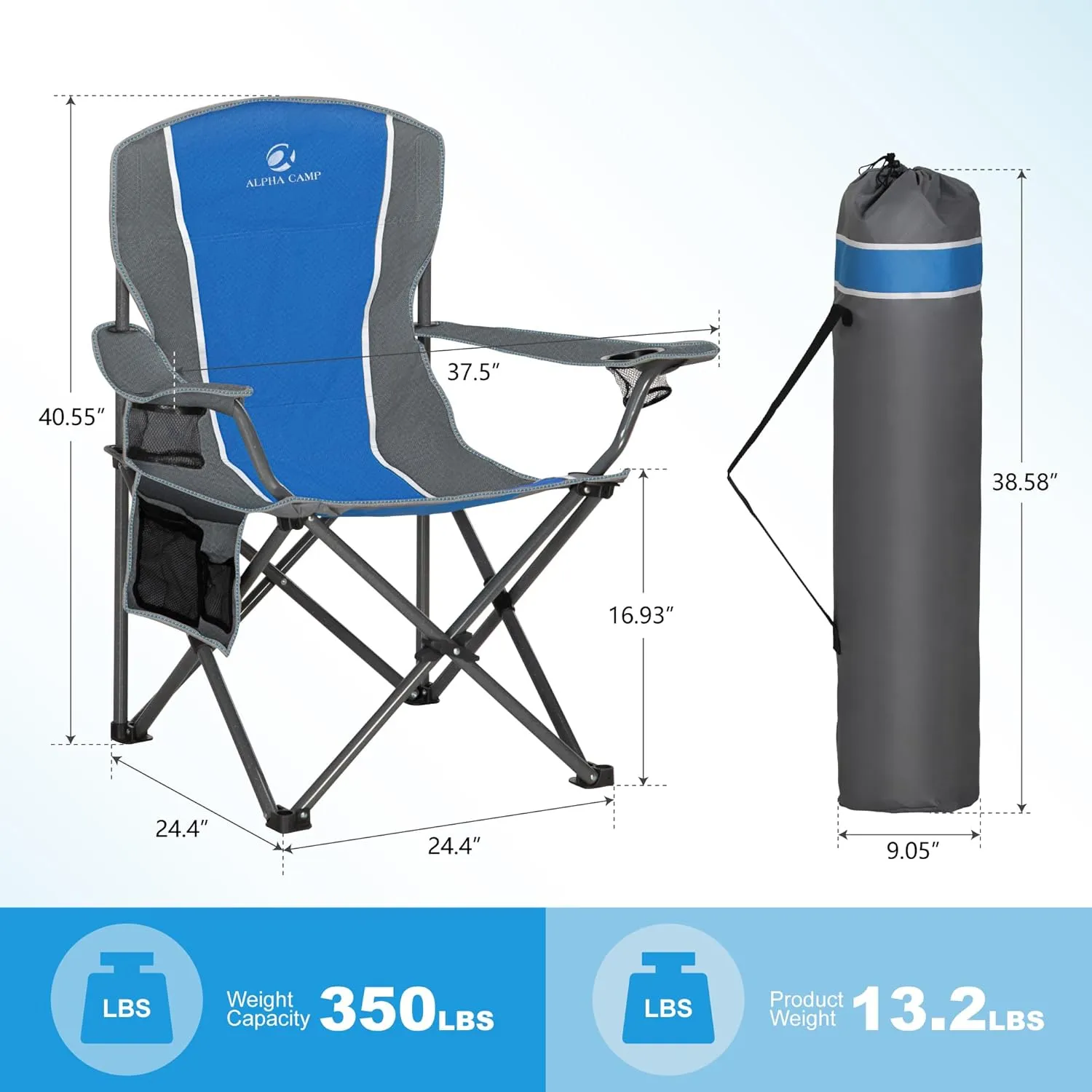 LET'S CAMP Oversized Outdoor Folding Camping Chair, Heavy Duty Arm Chair with Cup Holder and Storage Bag, 350 LBS Weight Capacity, Blue