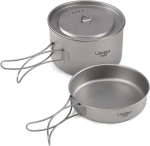 Lixada 2pcs Camping Cookware Set Titanium Pot Pan Cooking Set with Foldable Handles Mesh Carry Bag