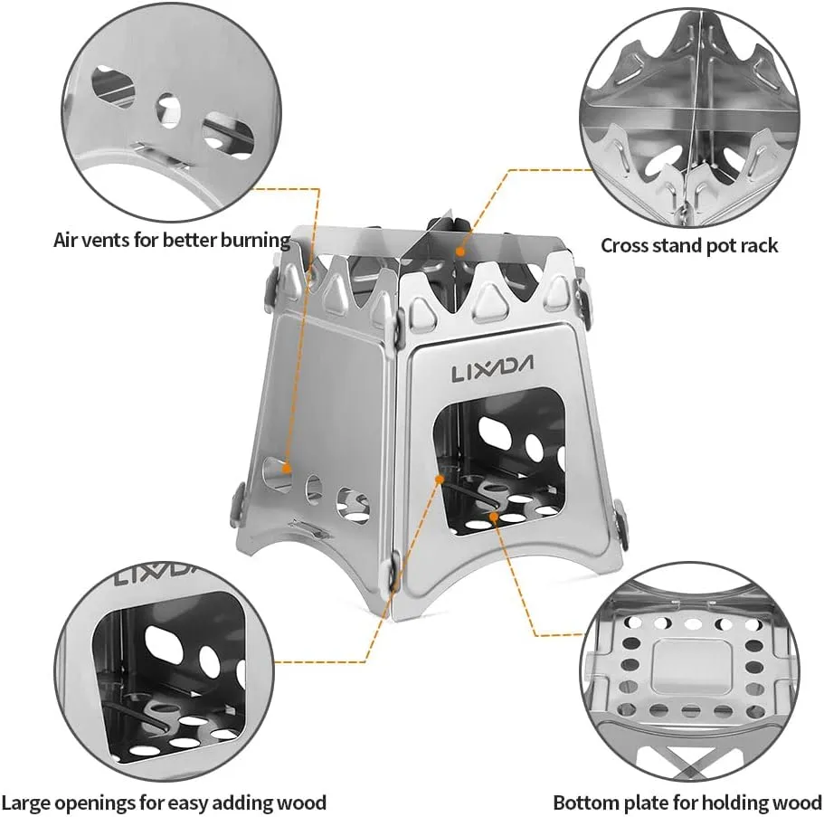 Lixada Camping Wood Stove Folding Lightweight Stainless Steel Wood Burning Stoves Portable Backpacking Stove for Outdoor Camping Hiking Backpacking Picnic Hunting BBQ