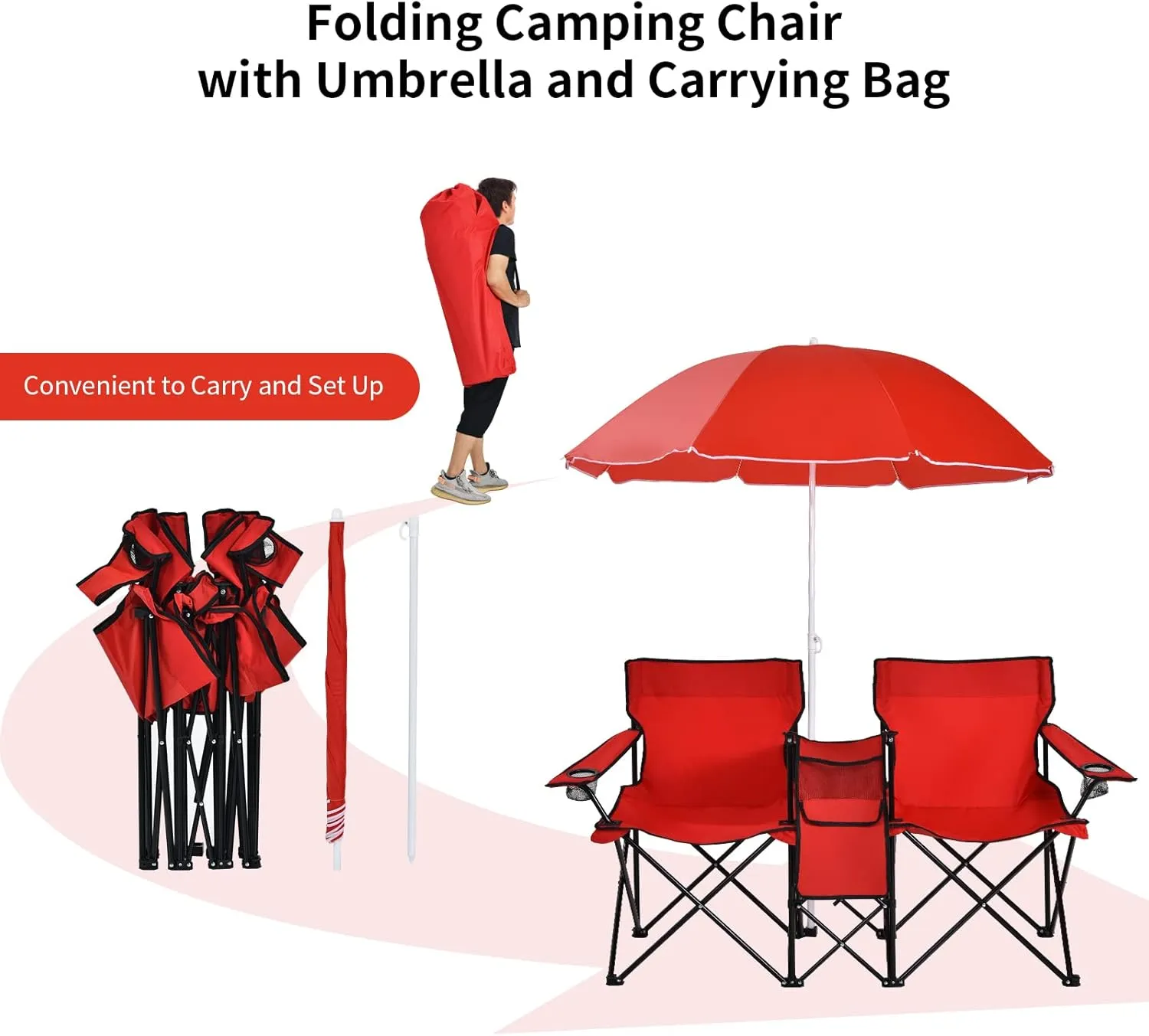MAT EXPERT Folding Double Camp Chair w/Removable Umbrella, Portable Picnic Chair w/Mini Table, Chair Set w/Beverage Holder, Portable Loveseat Camp Chairs for Beach, Backyard, Poolside (Red)