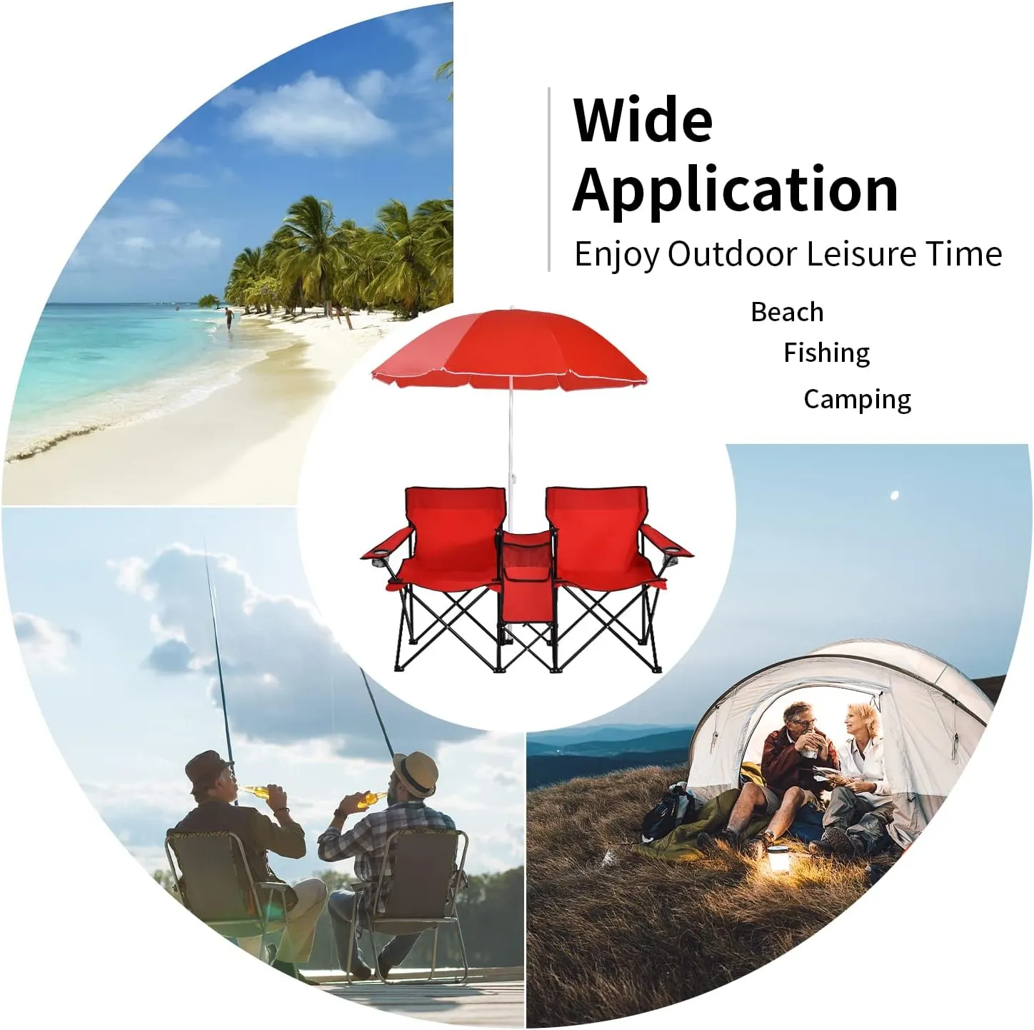 MAT EXPERT Folding Double Camp Chair w/Removable Umbrella, Portable Picnic Chair w/Mini Table, Chair Set w/Beverage Holder, Portable Loveseat Camp Chairs for Beach, Backyard, Poolside (Red)