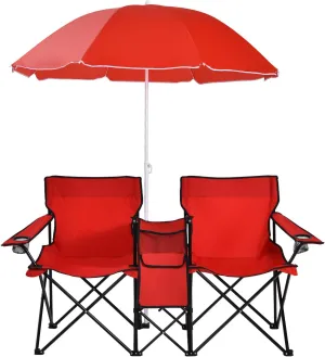 MAT EXPERT Folding Double Camp Chair w/Removable Umbrella, Portable Picnic Chair w/Mini Table, Chair Set w/Beverage Holder, Portable Loveseat Camp Chairs for Beach, Backyard, Poolside (Red)