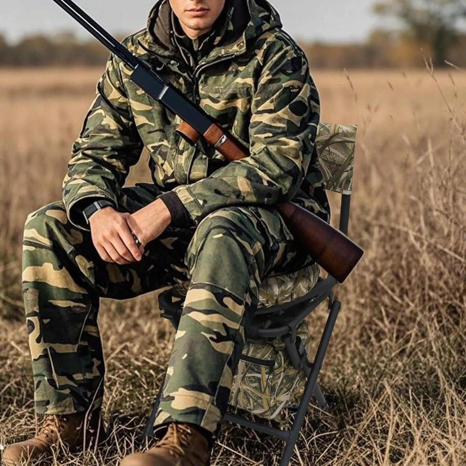 MDSTOP 360 Degree Swivel Hunting Chair for Ground Blinds, Folding Hunting Seat, Fishing Chair, Lightweight, Portable, Padded Cushion for Dove Deer Hunting, Fishing, Camping(No. 3 Reed Camo)