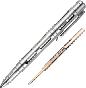 MecArmy TPX33 Titanium Tactical Pen with Tungsten Steel Glass Breaker for Self-Defence, Anti-roll concave-convex shell with Comfortable grip for Writing, Refill Pocket Clip included (Titanium Silver)