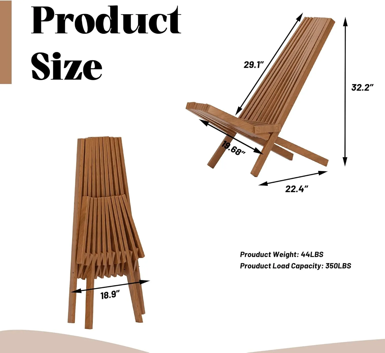 MELLCOM Acacia Wooden Folding Chairs Set of 2, Low Profile Lounge Chair for Outdoor, Patio, Balcony, Pool Side and Porch, Brown