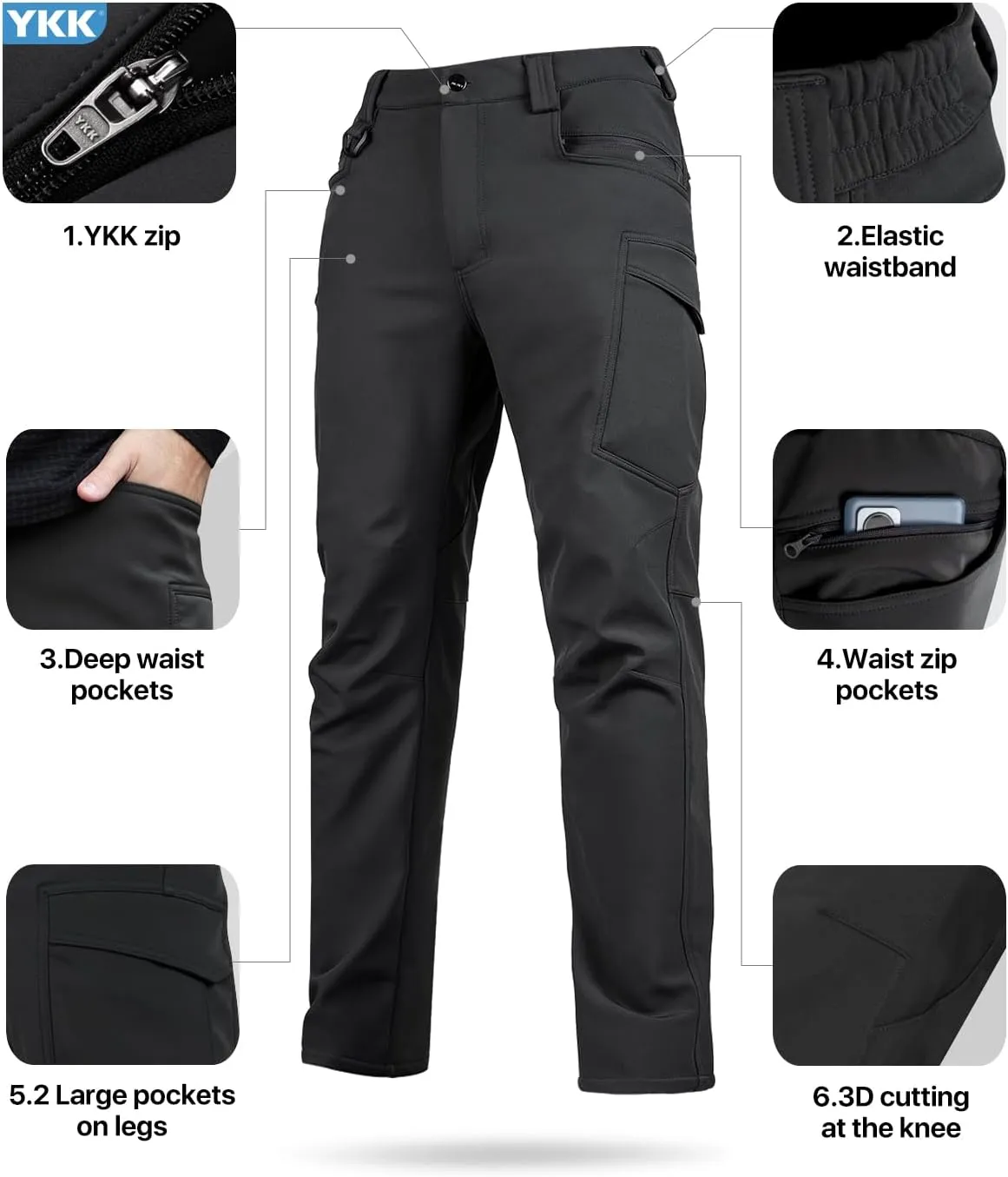 Men's Snow Ski Softshell Pants Fleece Lined Winter Hiking Camping Snowboard Pants with 8 Pockets