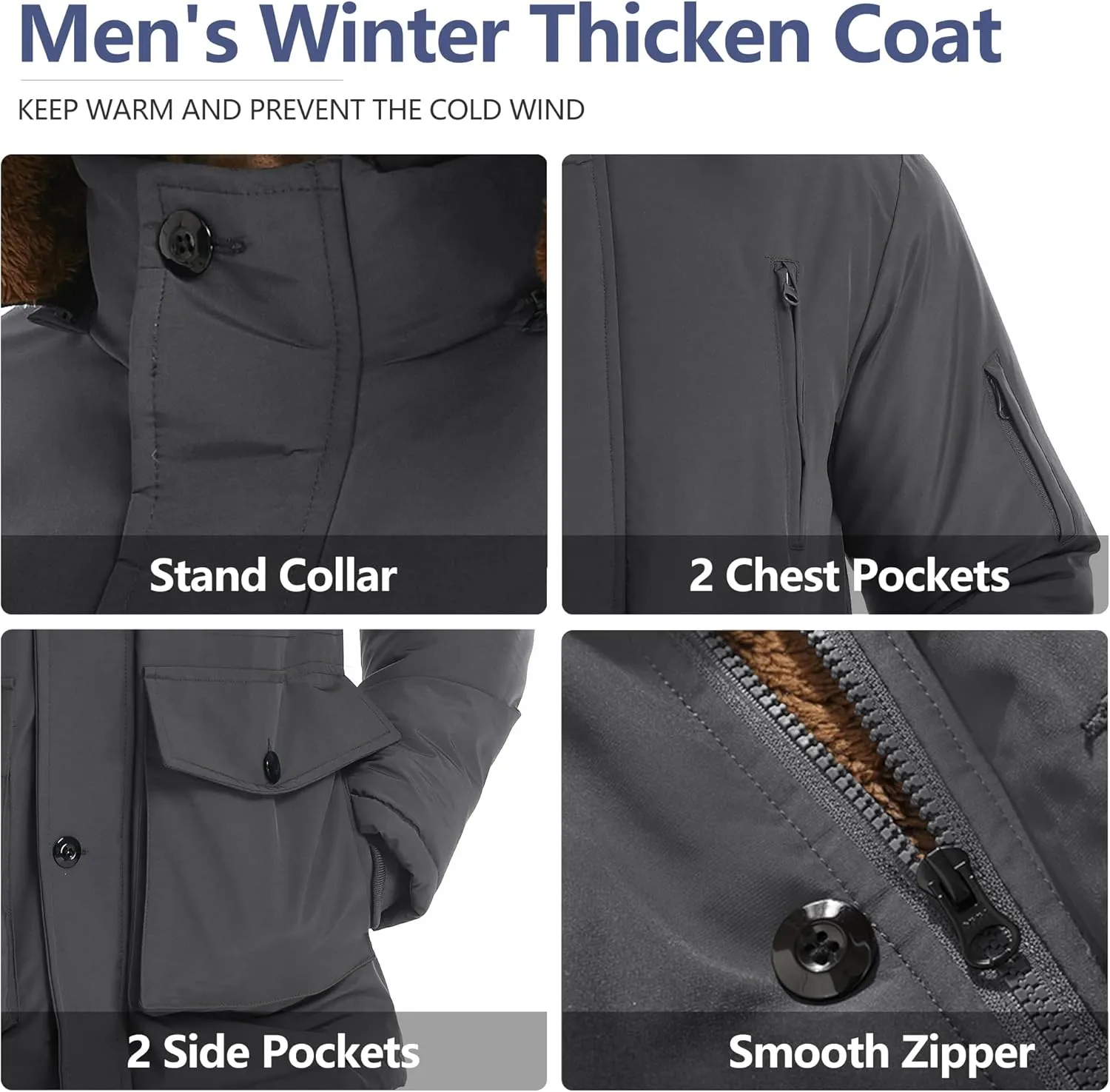 Men's Winter Thicken Coat Warm Faux Fur Lined Padded Puffer Parka Jacket with Removable Hood