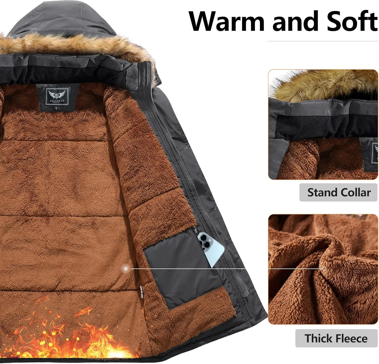 Men's Winter Thicken Coat Warm Faux Fur Lined Padded Puffer Parka Jacket with Removable Hood