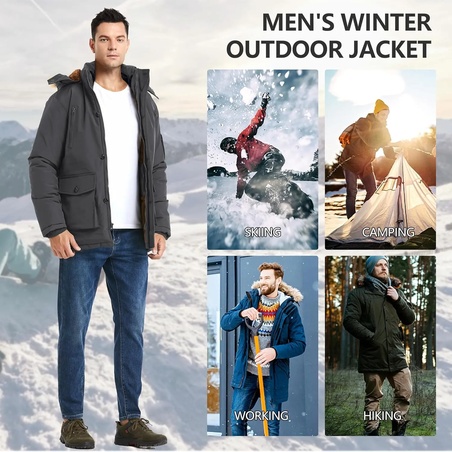 Men's Winter Thicken Coat Warm Faux Fur Lined Padded Puffer Parka Jacket with Removable Hood