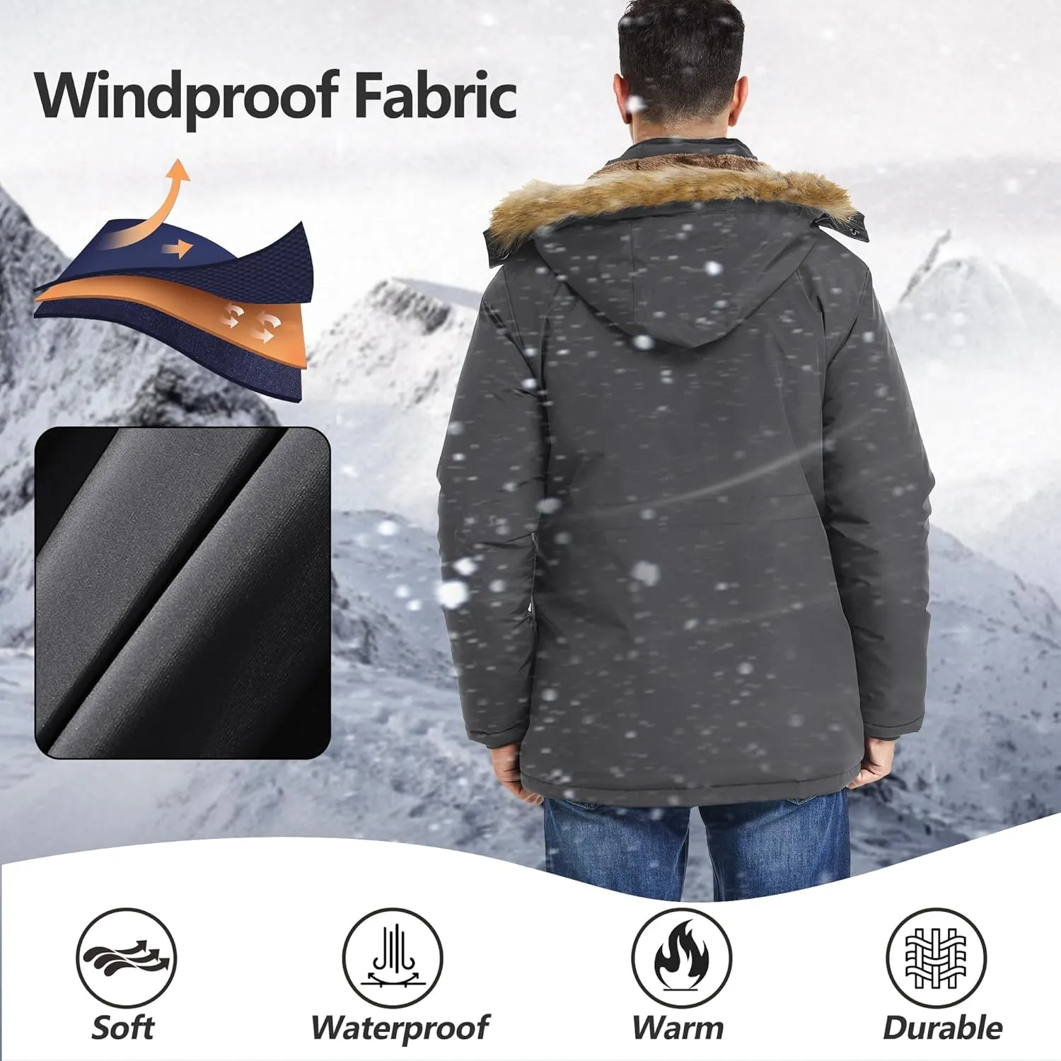 Men's Winter Thicken Coat Warm Faux Fur Lined Padded Puffer Parka Jacket with Removable Hood