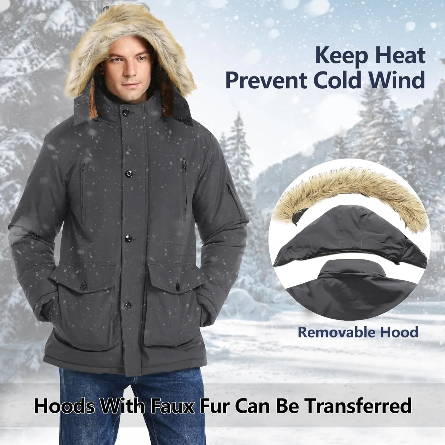 Men's Winter Thicken Coat Warm Faux Fur Lined Padded Puffer Parka Jacket with Removable Hood