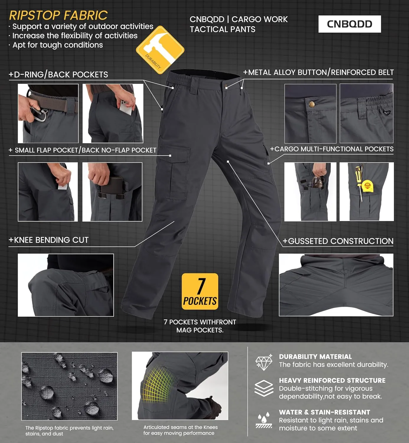 Mens Work Pants Ripstop Waterproof Cargo Pants for Men with 7 Pockets Tactical Hiking Pants
