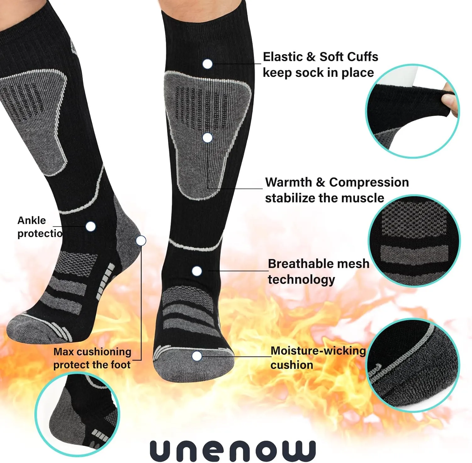 Merino Wool Ski Socks 2 Pairs, Thermal Knee High Warm Socks for Snowboarding, Hiking, Cold Weather, Snow, Hunting