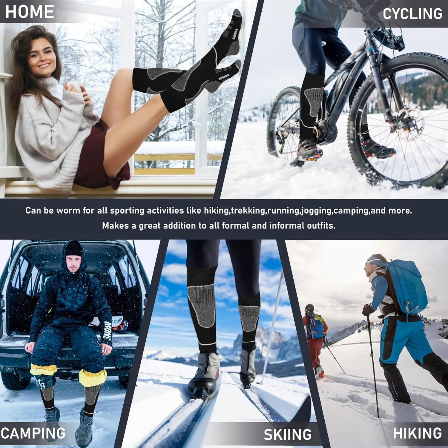 Merino Wool Ski Socks 2 Pairs, Thermal Knee High Warm Socks for Snowboarding, Hiking, Cold Weather, Snow, Hunting