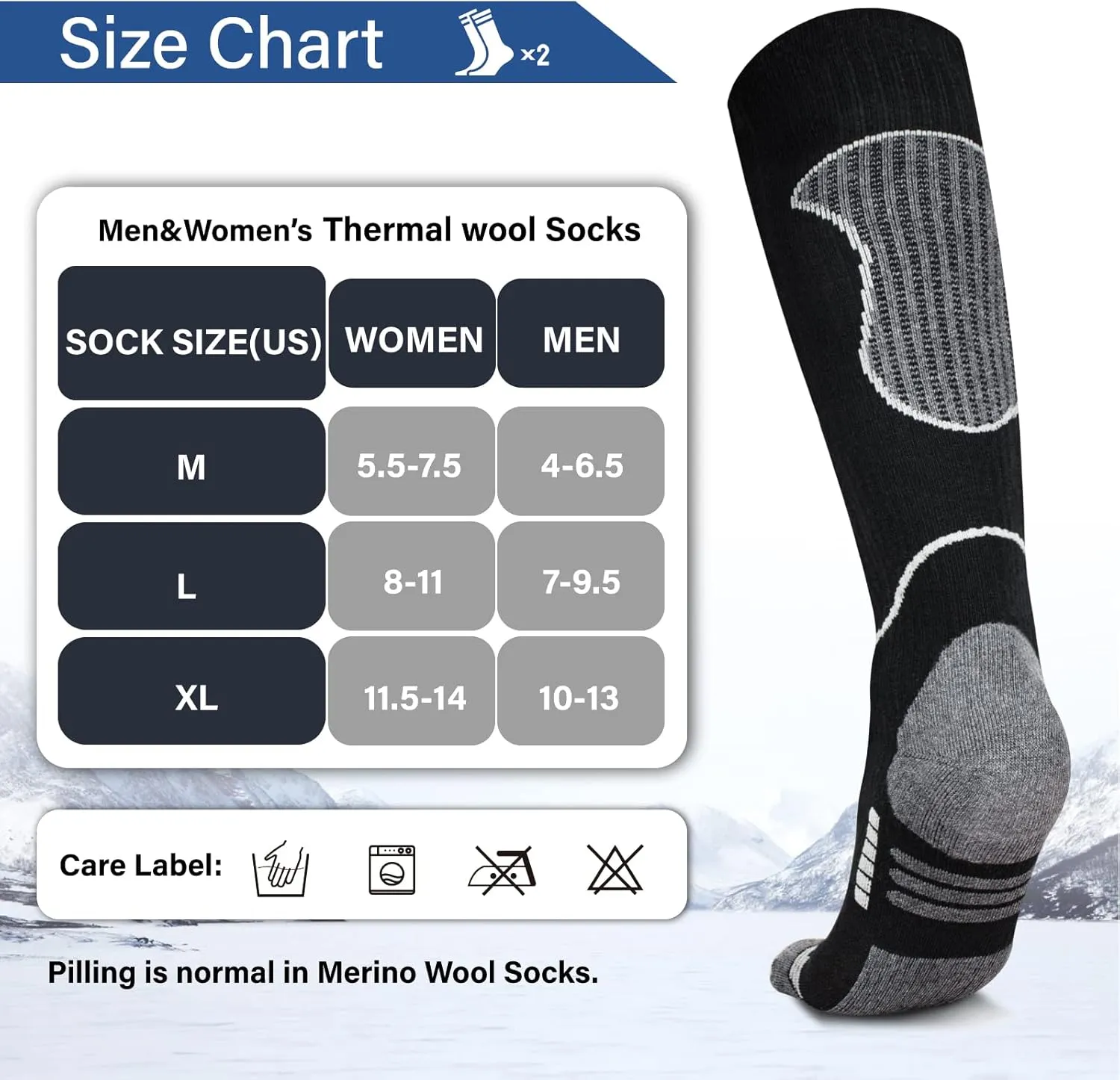 Merino Wool Ski Socks 2 Pairs, Thermal Knee High Warm Socks for Snowboarding, Hiking, Cold Weather, Snow, Hunting