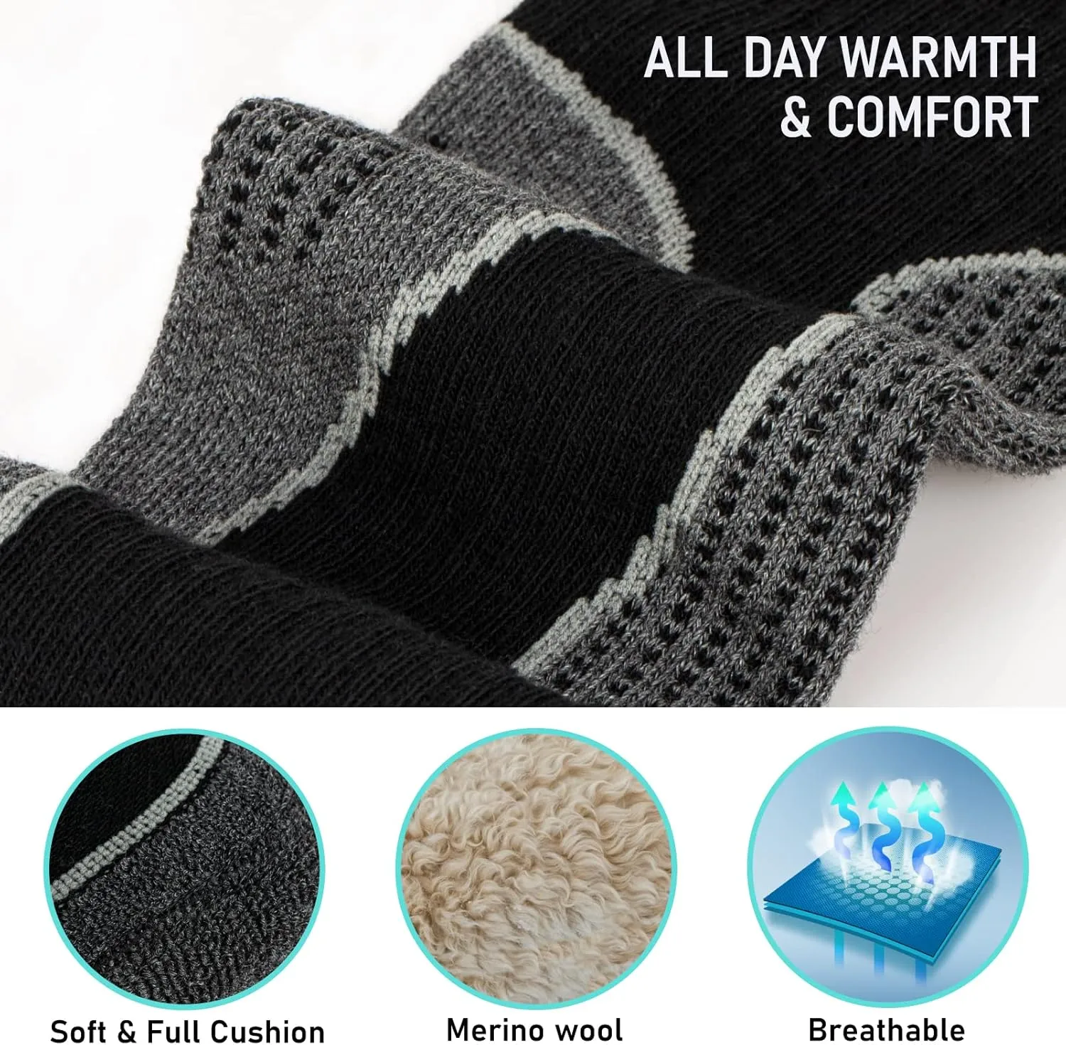 Merino Wool Ski Socks 2 Pairs, Thermal Knee High Warm Socks for Snowboarding, Hiking, Cold Weather, Snow, Hunting