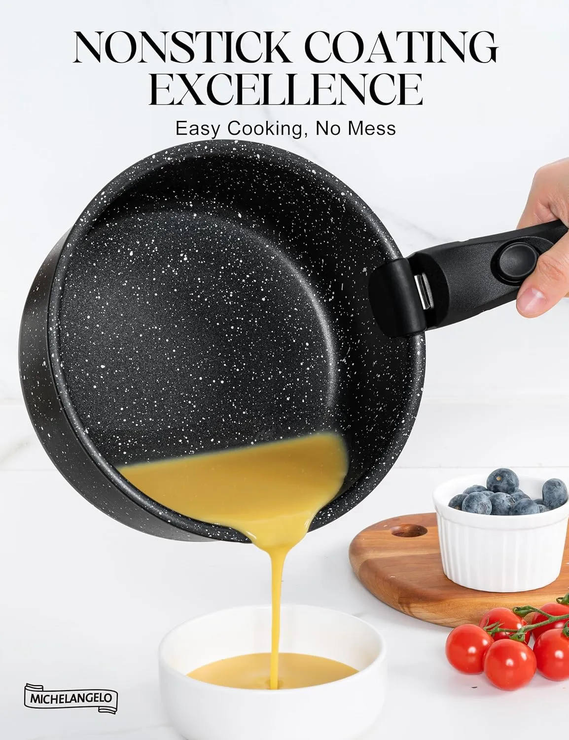 MICHELANGELO Sauce Pan Set, Nonstick 1Qt & 2 Qt & 3Qt Pots with Removable Handles, Non Toxic Saucepan Set with Detachable Handle, Stackable Pot Set for RV Camping, Oven Safe - 6 Piece, Black