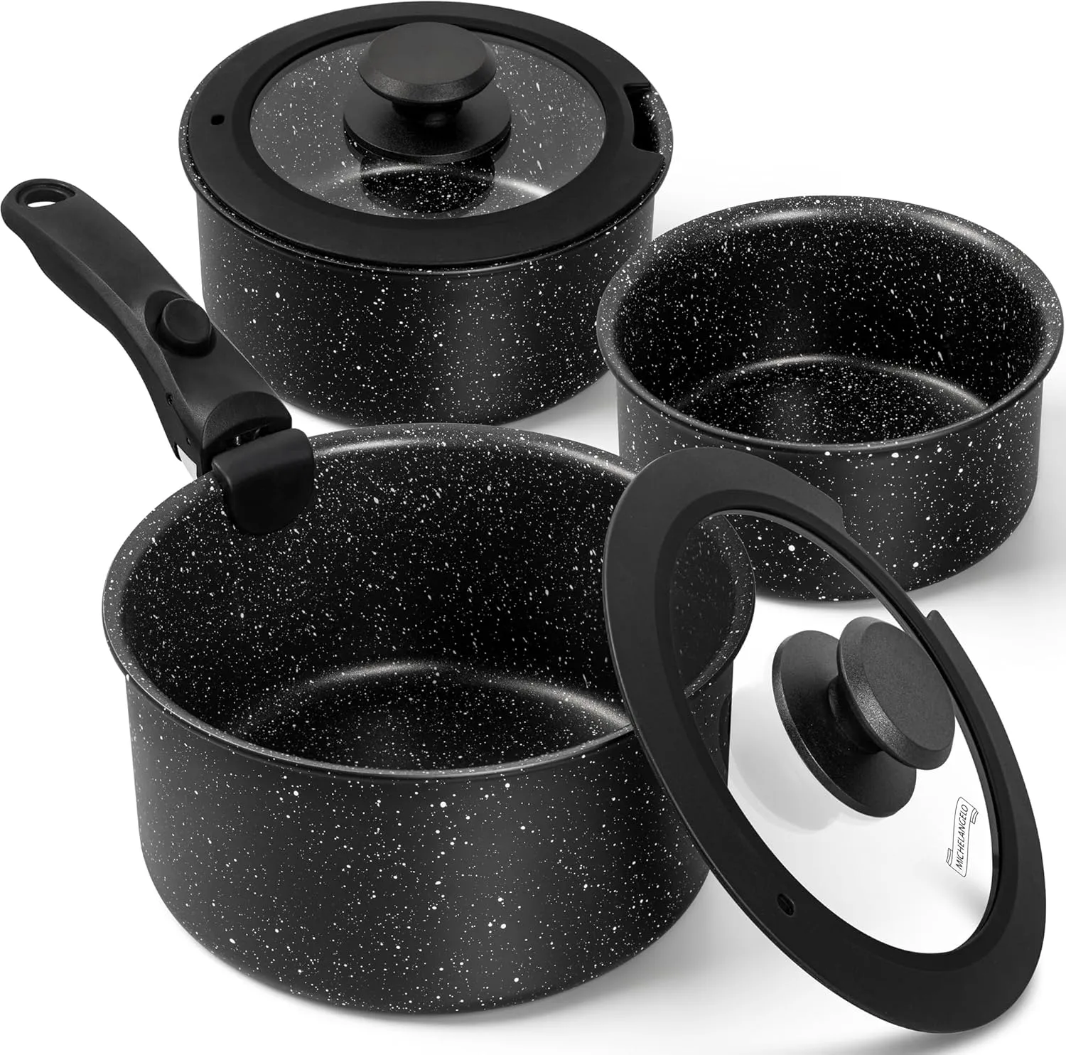 MICHELANGELO Sauce Pan Set, Nonstick 1Qt & 2 Qt & 3Qt Pots with Removable Handles, Non Toxic Saucepan Set with Detachable Handle, Stackable Pot Set for RV Camping, Oven Safe - 6 Piece, Black