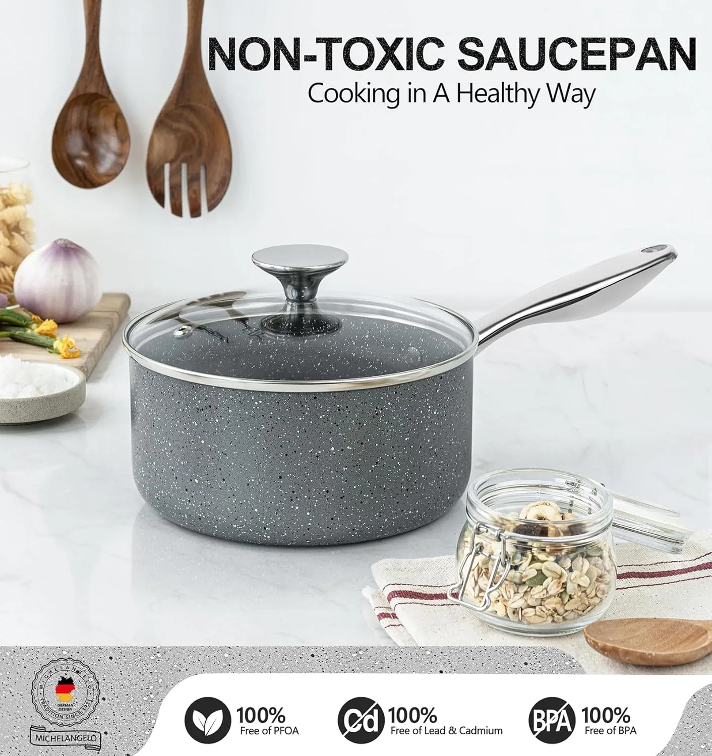 MICHELANGELO Sauce Pan with Lid, 3 Quart Saucepan with Lid Nonstick Small Pot, Granite Sauce Pan with Stainless Steel Handle, 3 Qt Saucepan Induction Compatible